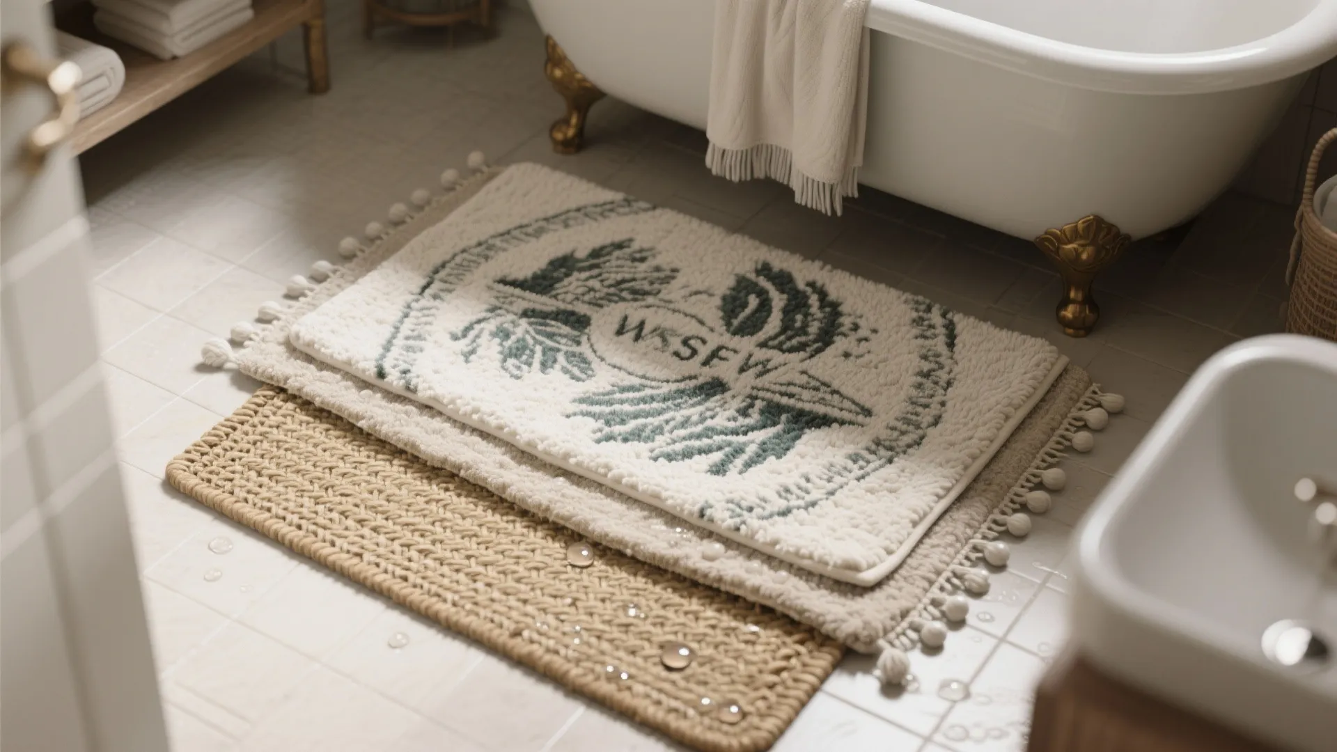 Top-down view of a printed cotton rug layered with a woven mat by a bathtub.