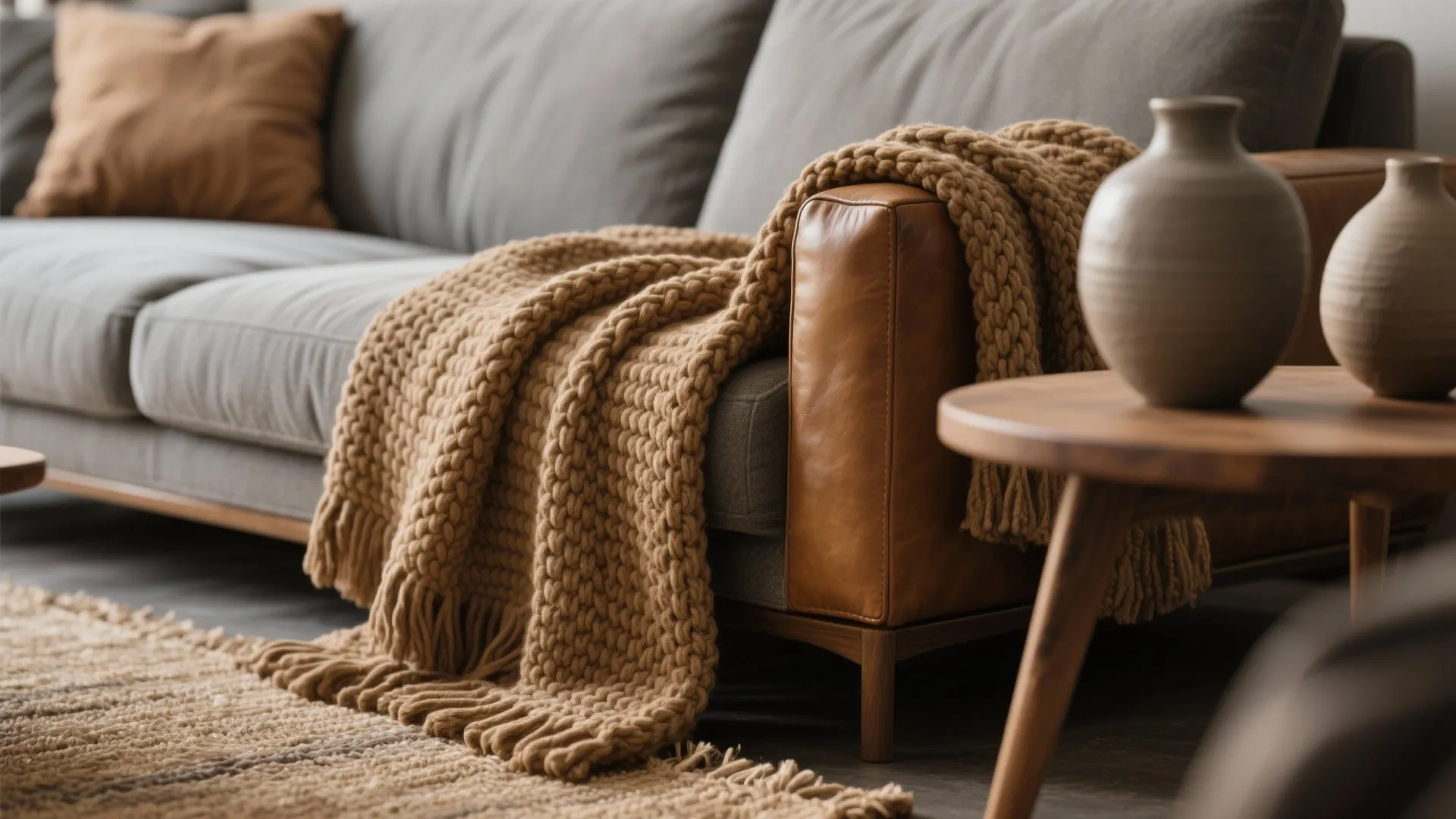 Close up of grey sofa with brown knitted blanket leather armrest and wooden side table