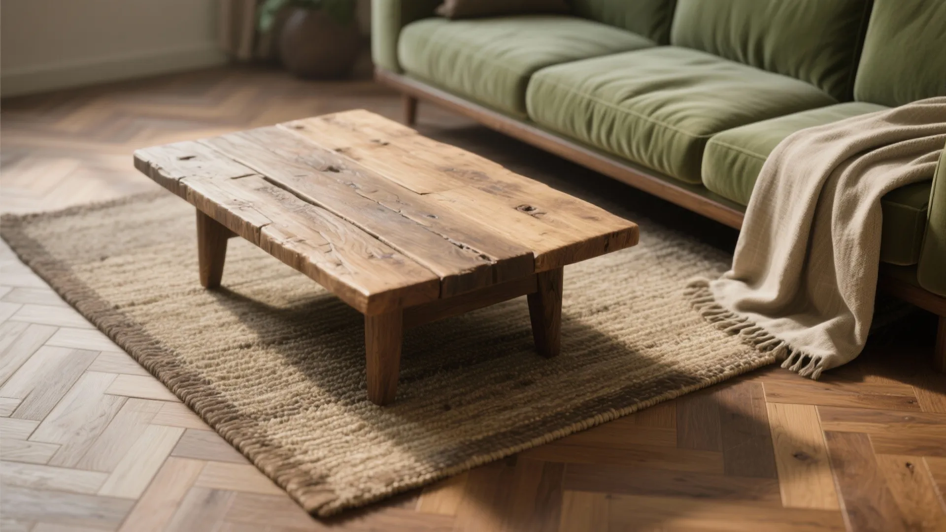 Natural wood coffee table on a textured rug next to a green sofa with blanket