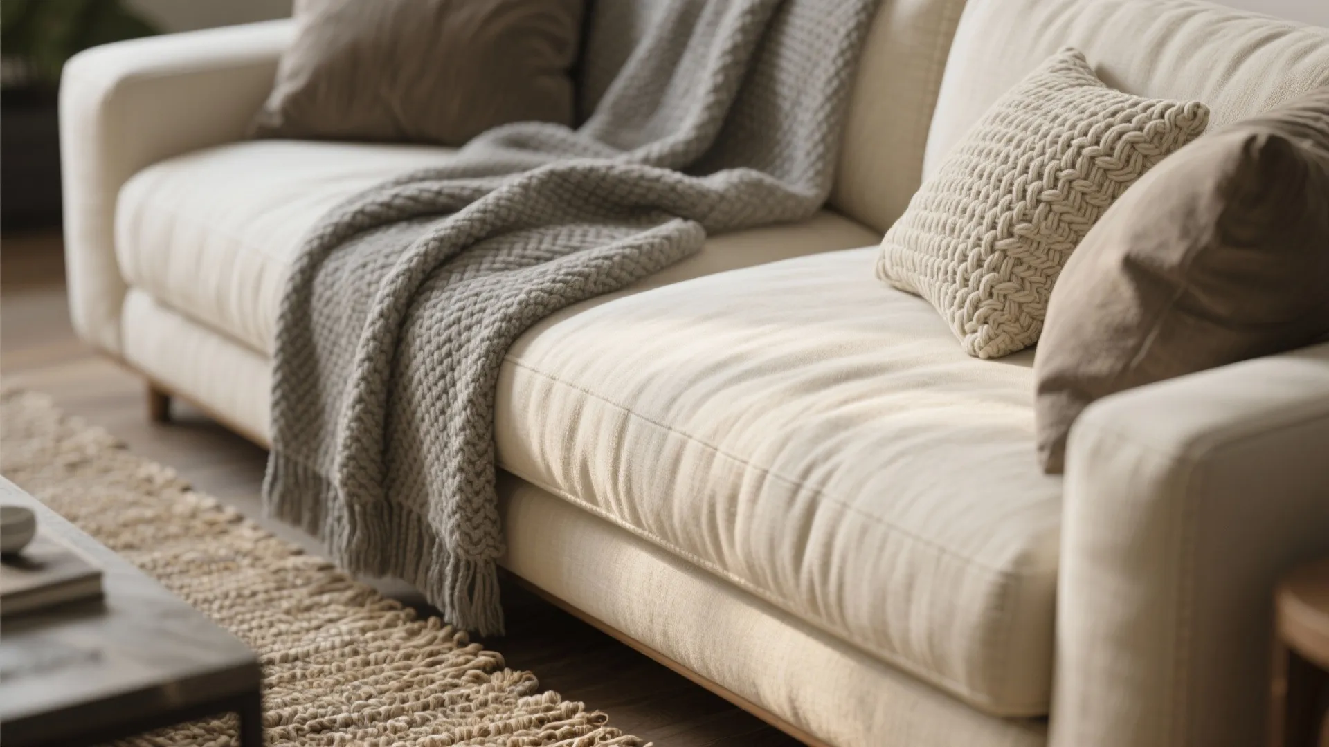 Close up of beige sofa with grey knitted blanket textured pillows and woven floor rug