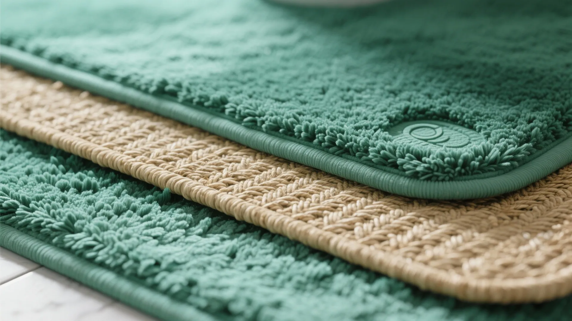 Close up shot of stacked bathroom rugs showing different green and beige woven fabric textures