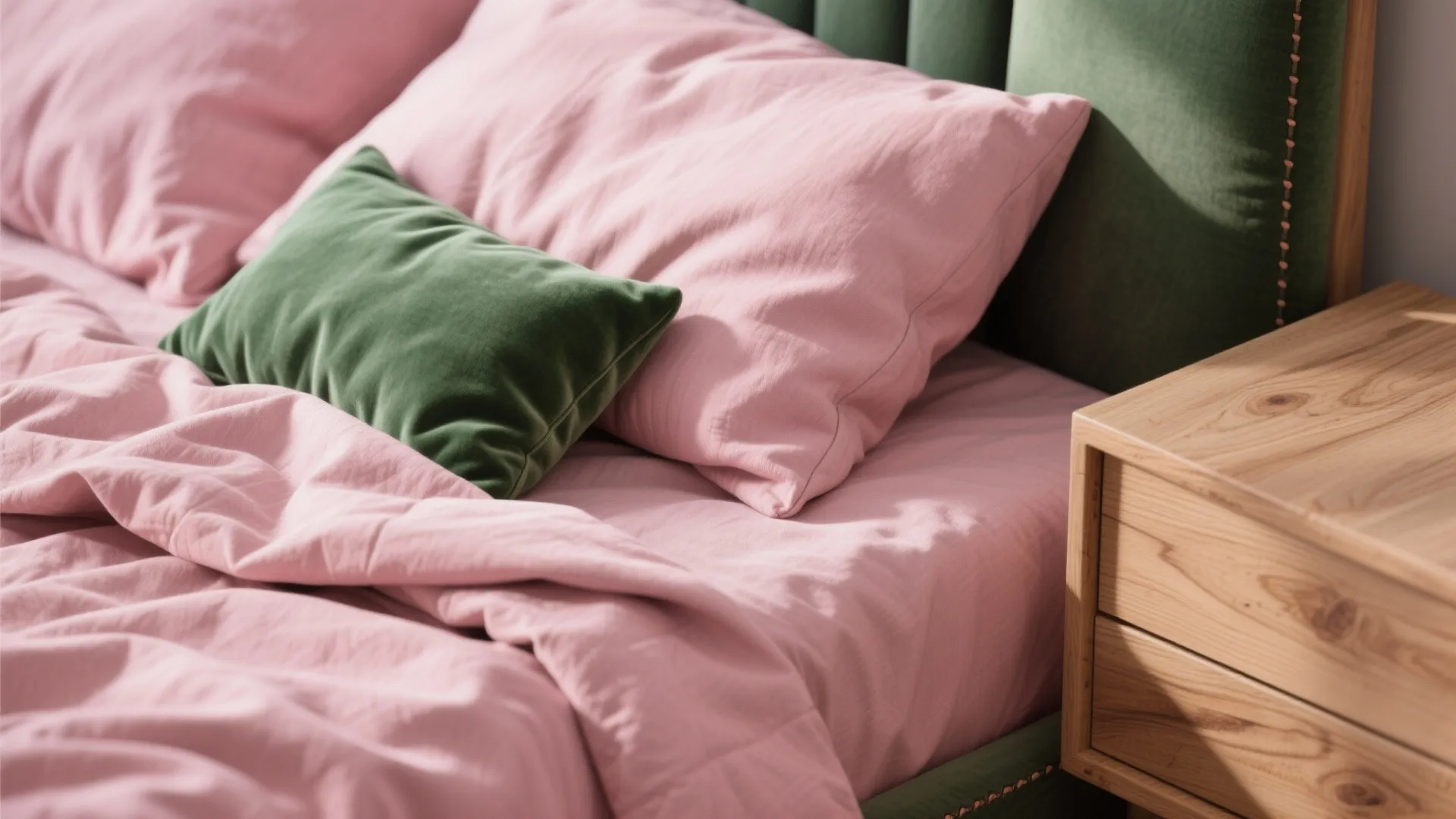 Close up of pink bedding with green velvet pillow next to light wooden bedside storage cabinet