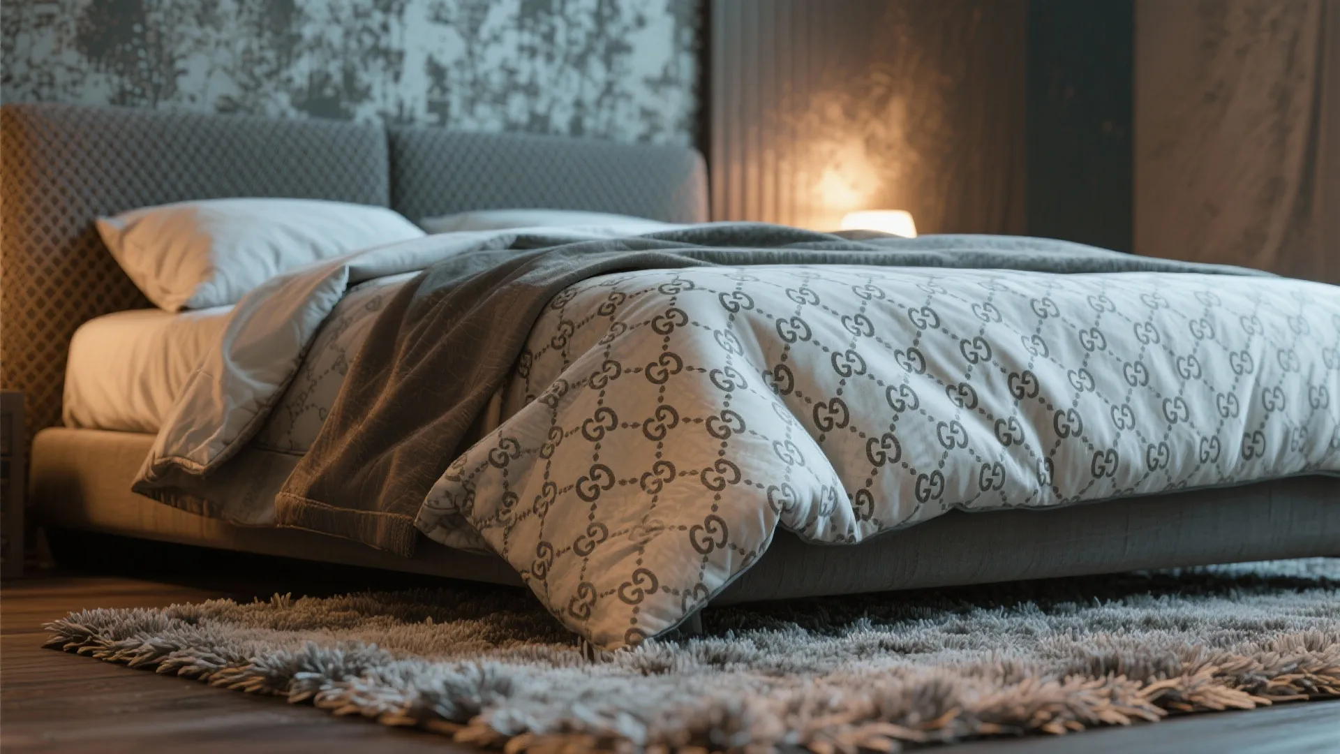 Close-up of rug, patterned duvet, and worn wallpaper creating depth in a small bedroom.
