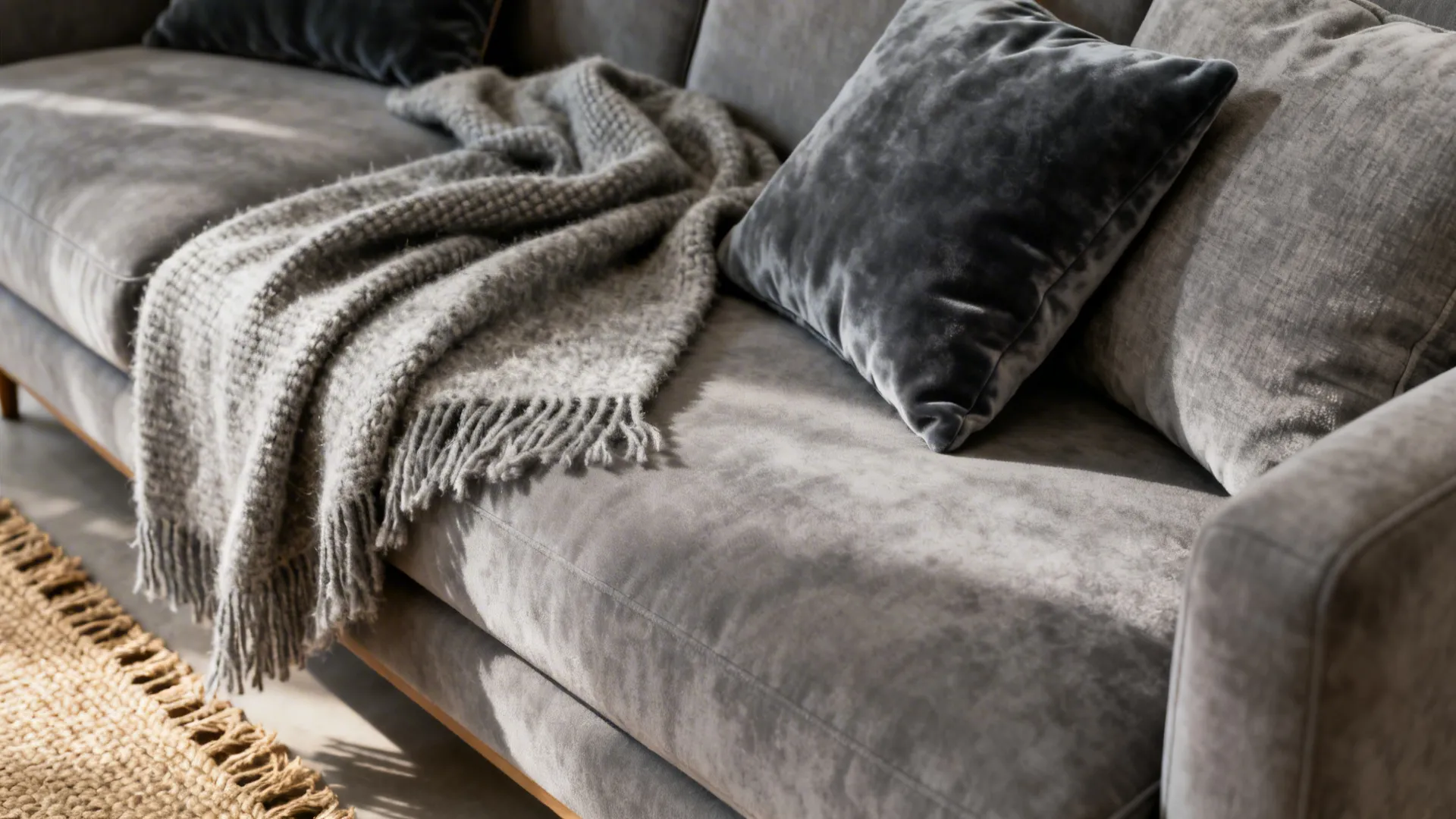 Close-up of a grey sofa with wool throw, velvet cushions and jute rug showing varied textures.