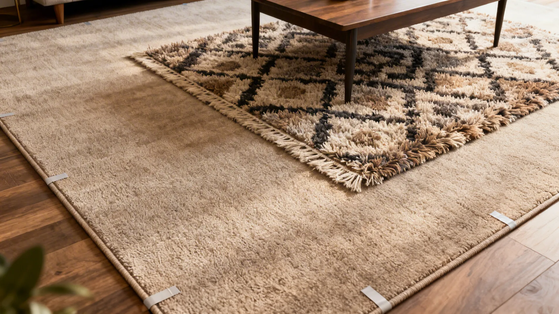 Layered rugs in a living room showing neutral base with smaller patterned rug on top