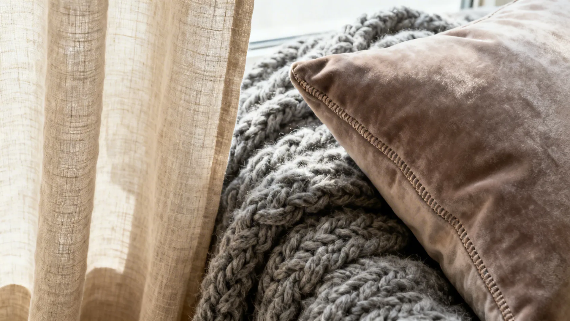 Close-up of beige linen, chunky grey wool throw and muted taupe velvet cushion textures