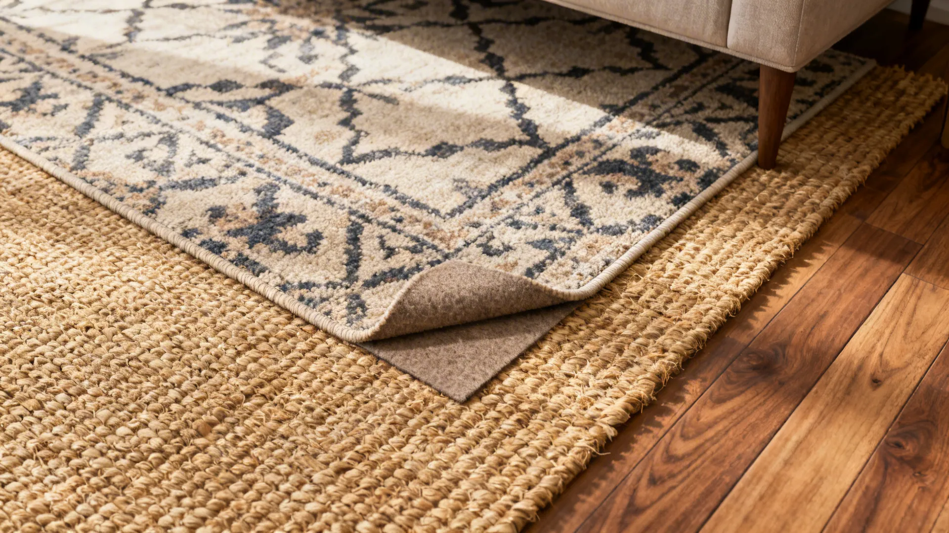Patterned rug layered over a natural fiber rug on wood floor next to a sofa