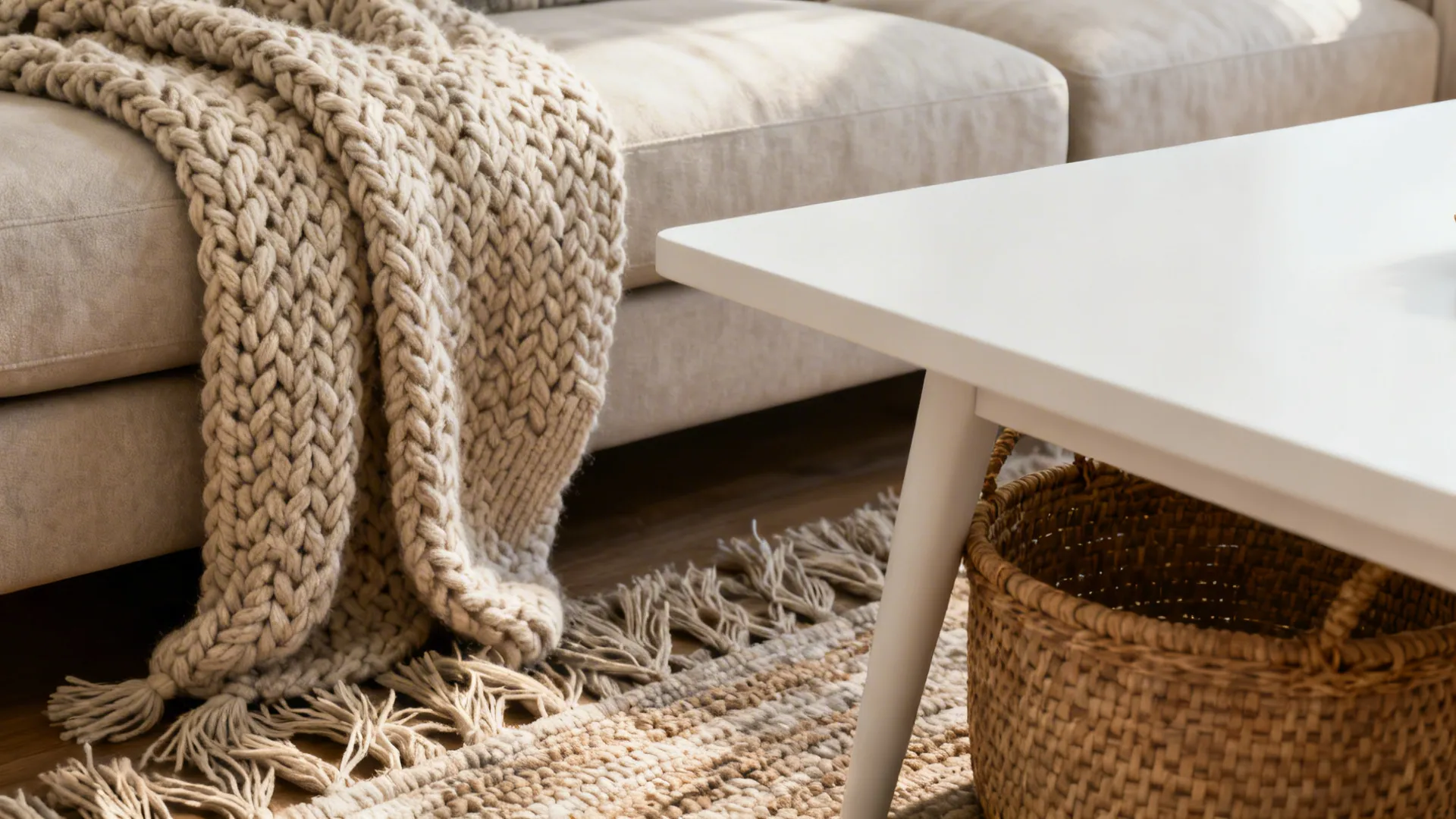 Close-up of chunky knit throw, woven basket and textured rug around a white coffee table.