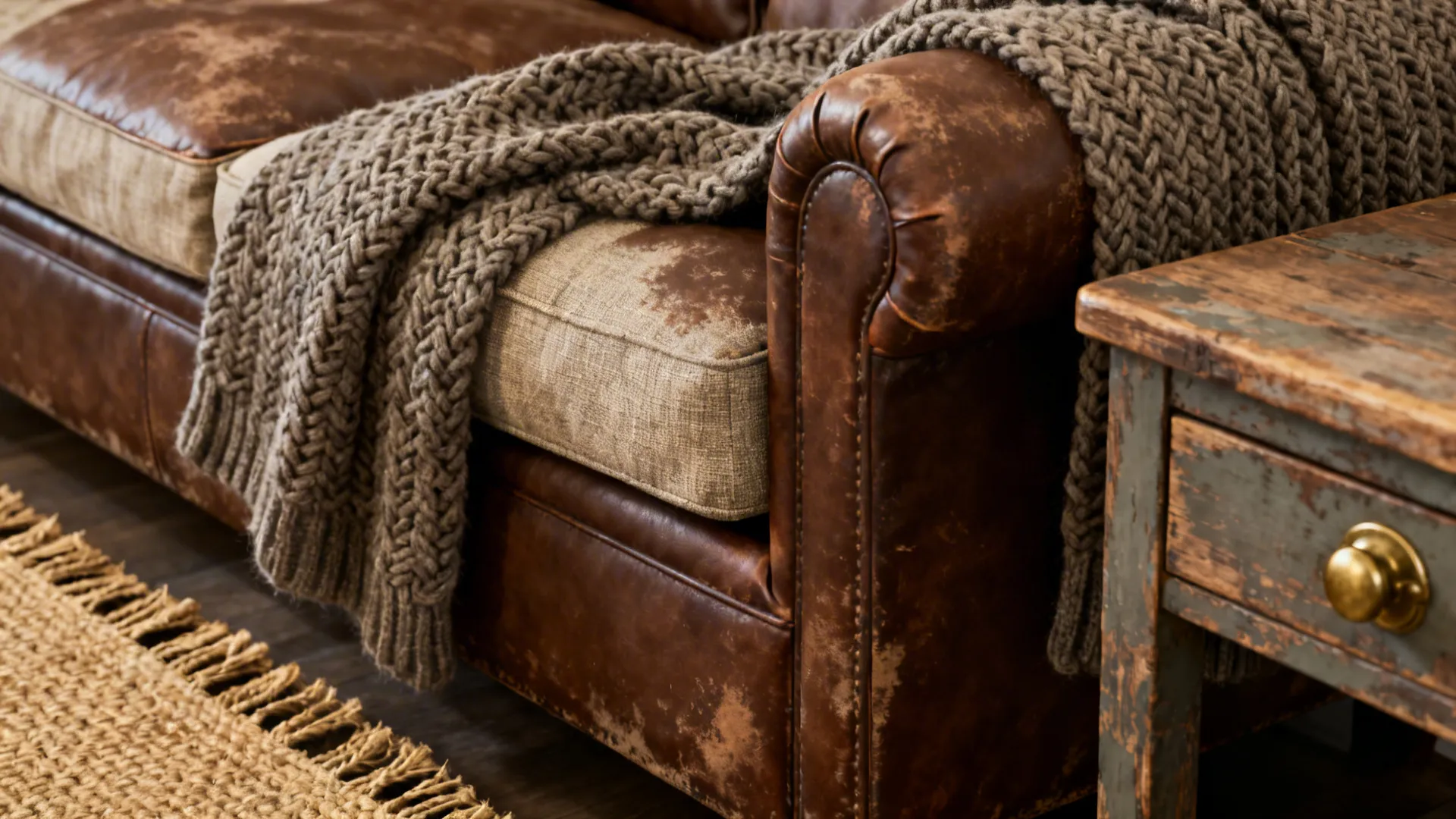Close-up of brown couch with chunky knit throw, jute rug and distressed wood side table.