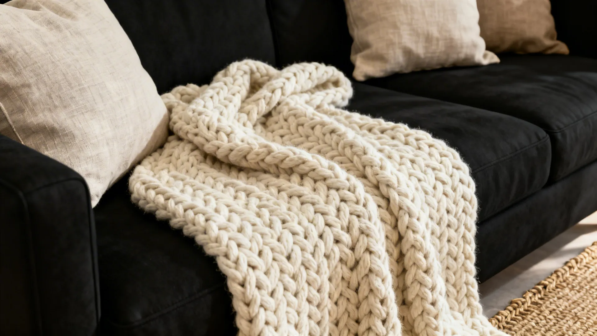 Close-up of a black sofa with a chunky cream throw, linen pillows and jute rug showing texture contrast