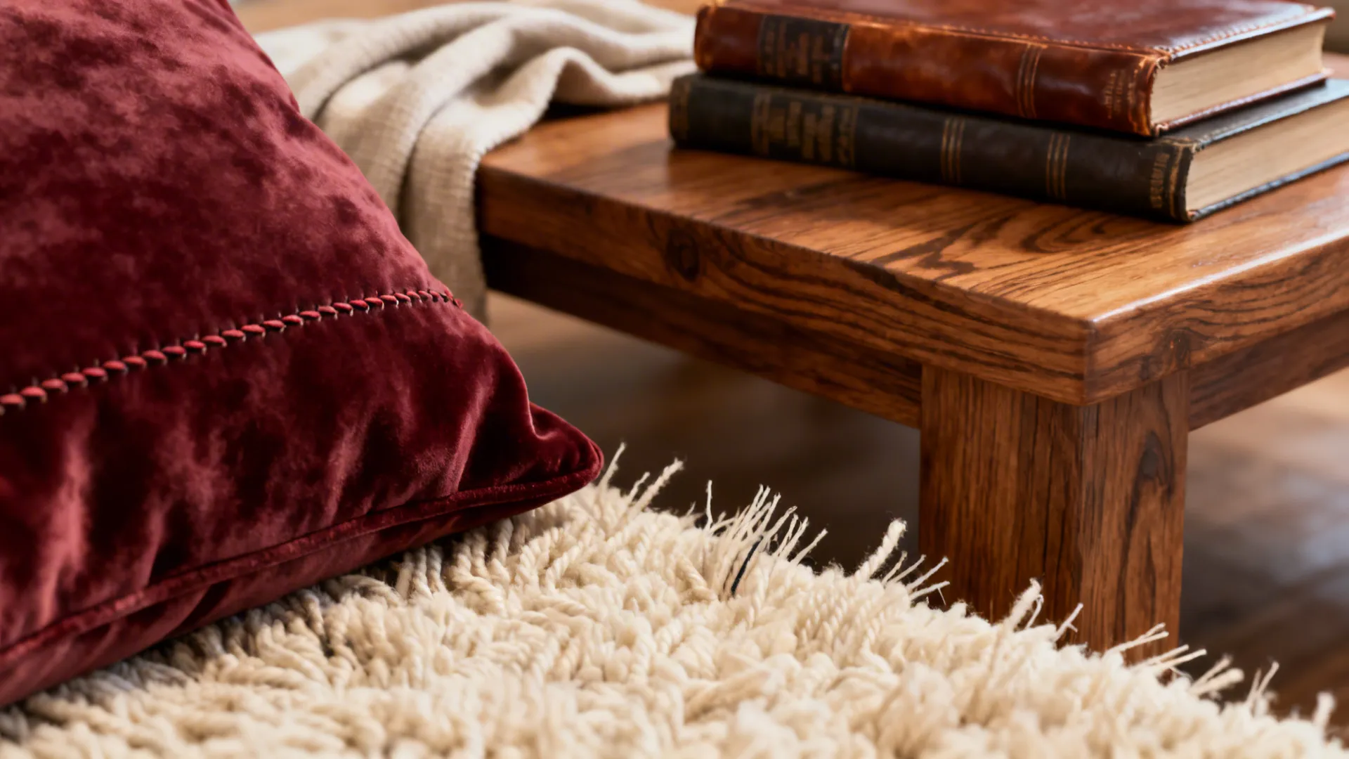 Close-up of velvet cushion, wool rug and leather books showing rich textures and warm neutrals.