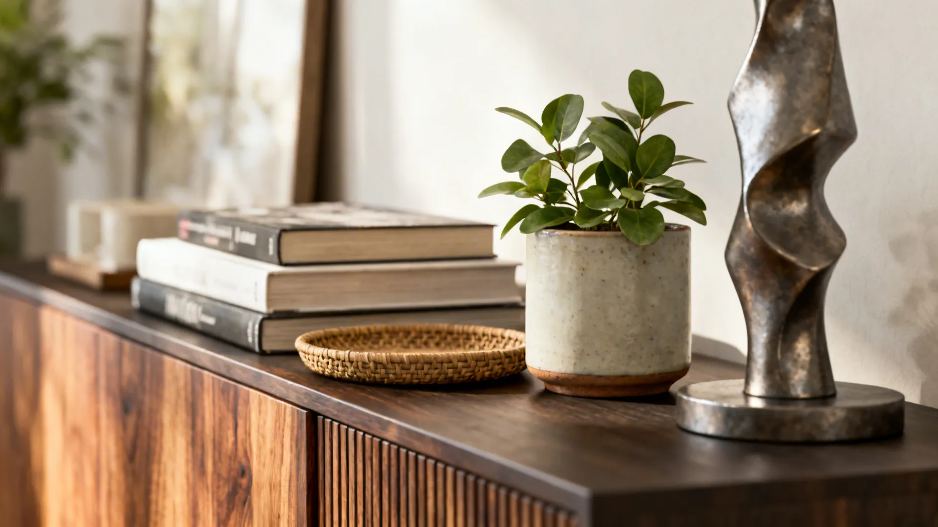 Close-up of layered heights and mixed textures on a sideboard display.
