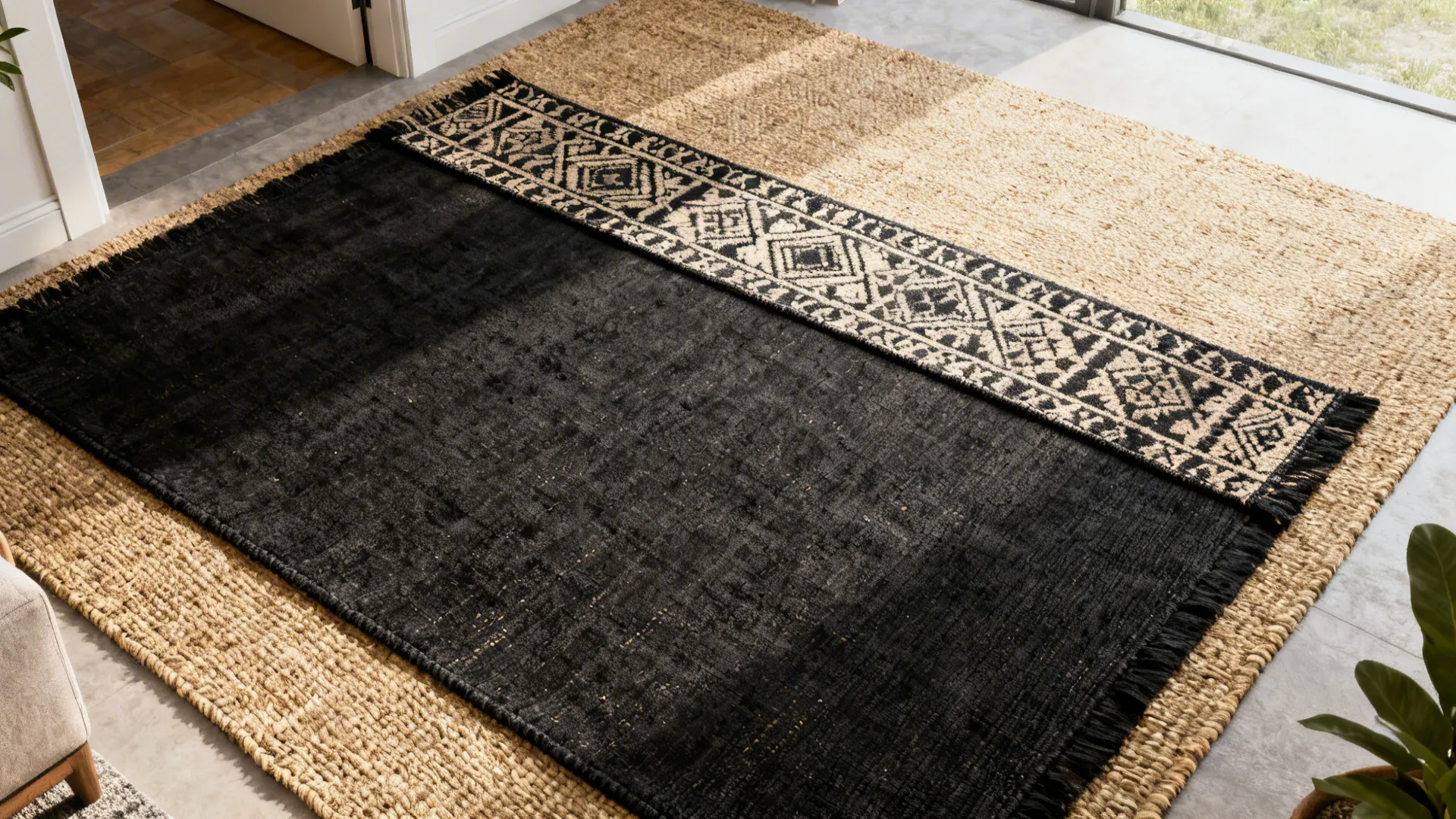 Top-down view of a black jute rug layered with a smaller patterned runner showing texture and depth.