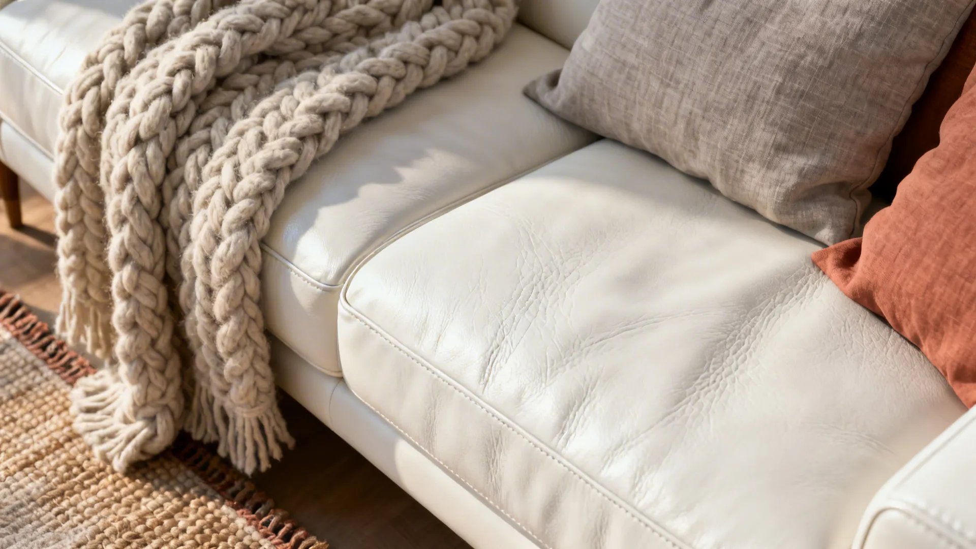 Close-up of white leather sofa with chunky wool throw and linen pillows showing texture contrast