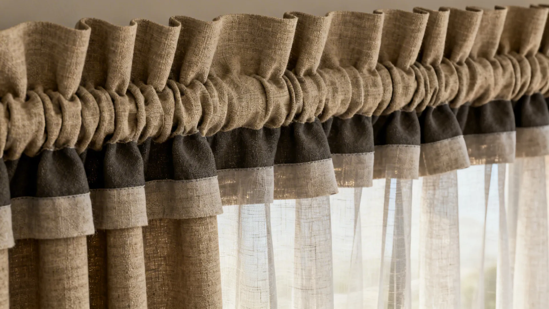 Close-up of pinch pleat drape layered over sheer with blackout backing visible.