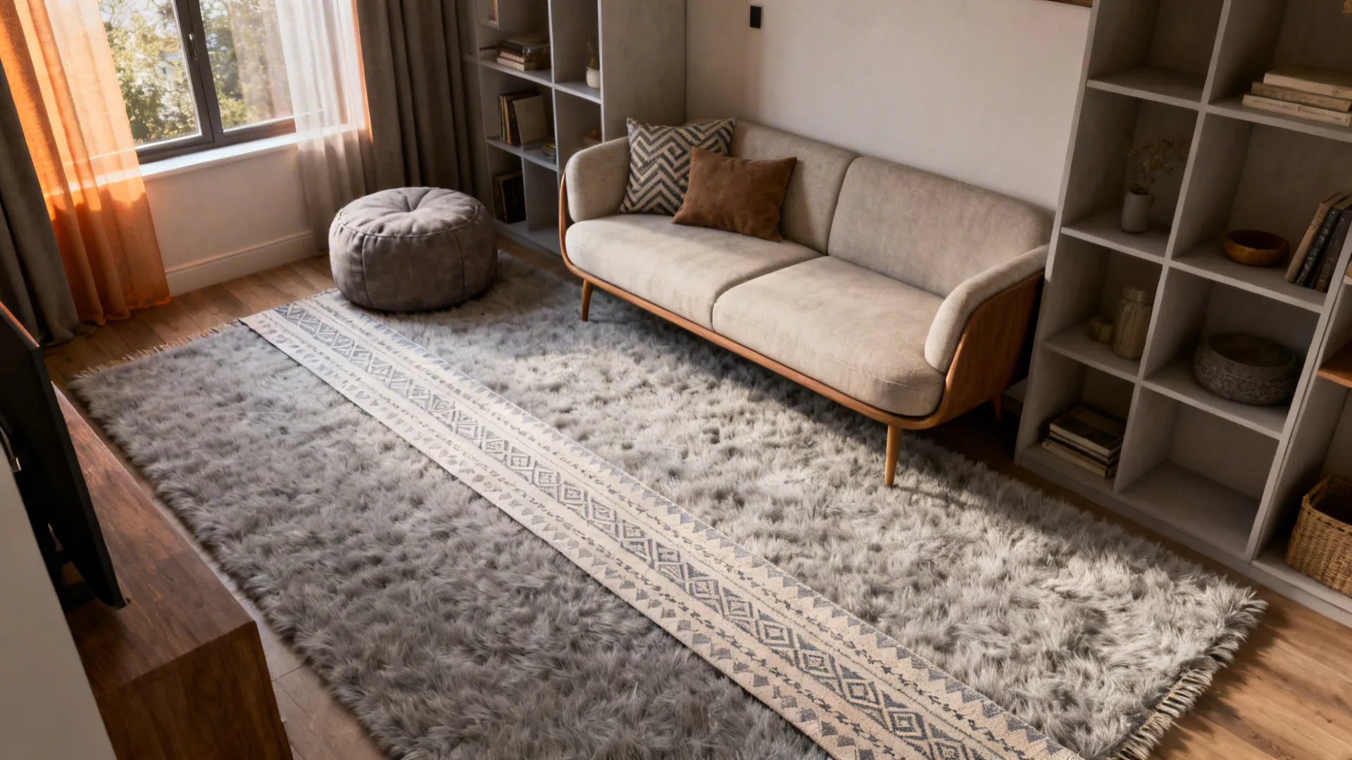 Studio seating area with a large light grey base rug and a thin patterned runner layered on top.