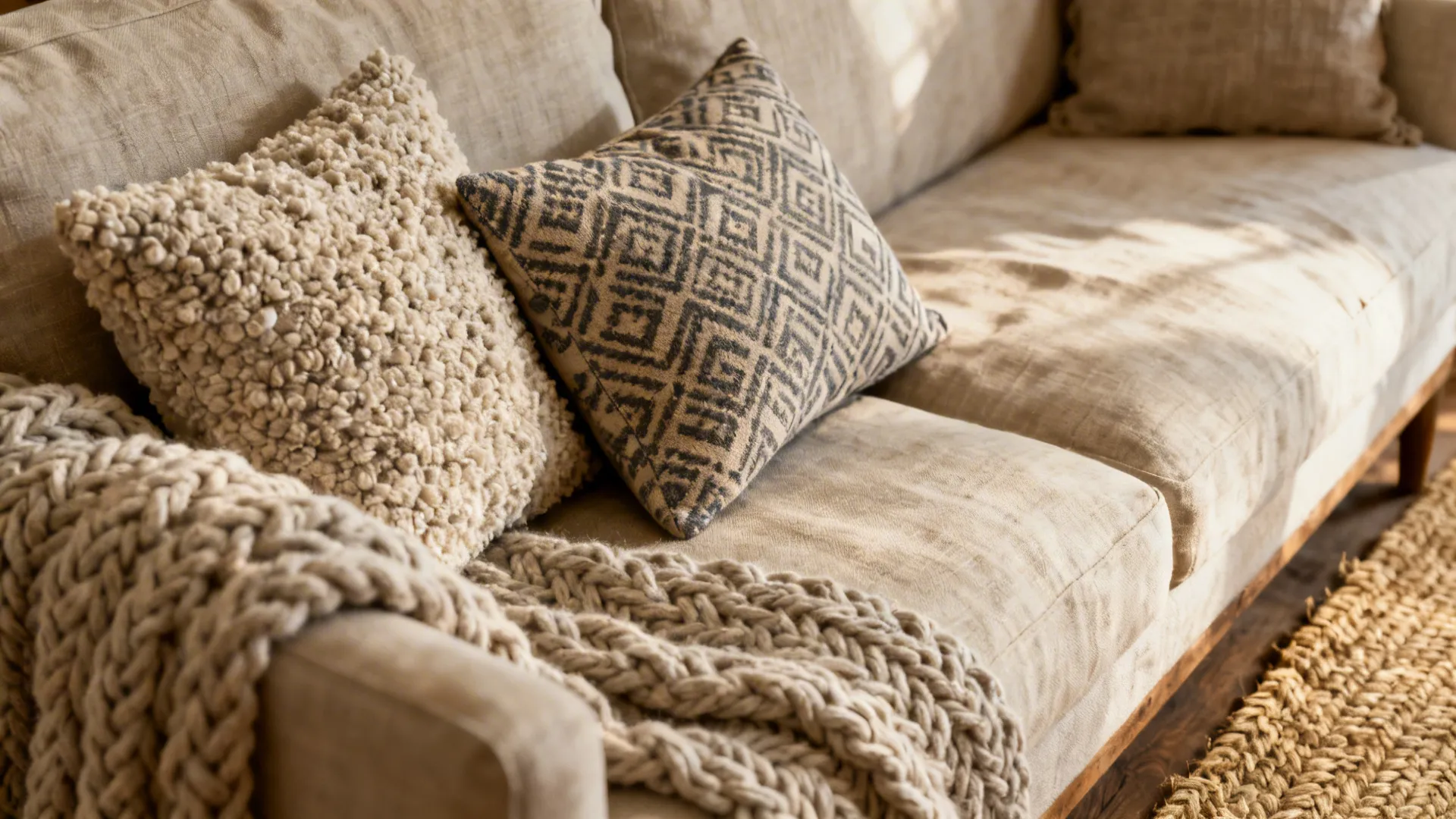 Close-up of boucle pillow, patterned lumbar cushion and chunky knit throw on a linen sofa in warm neutrals.