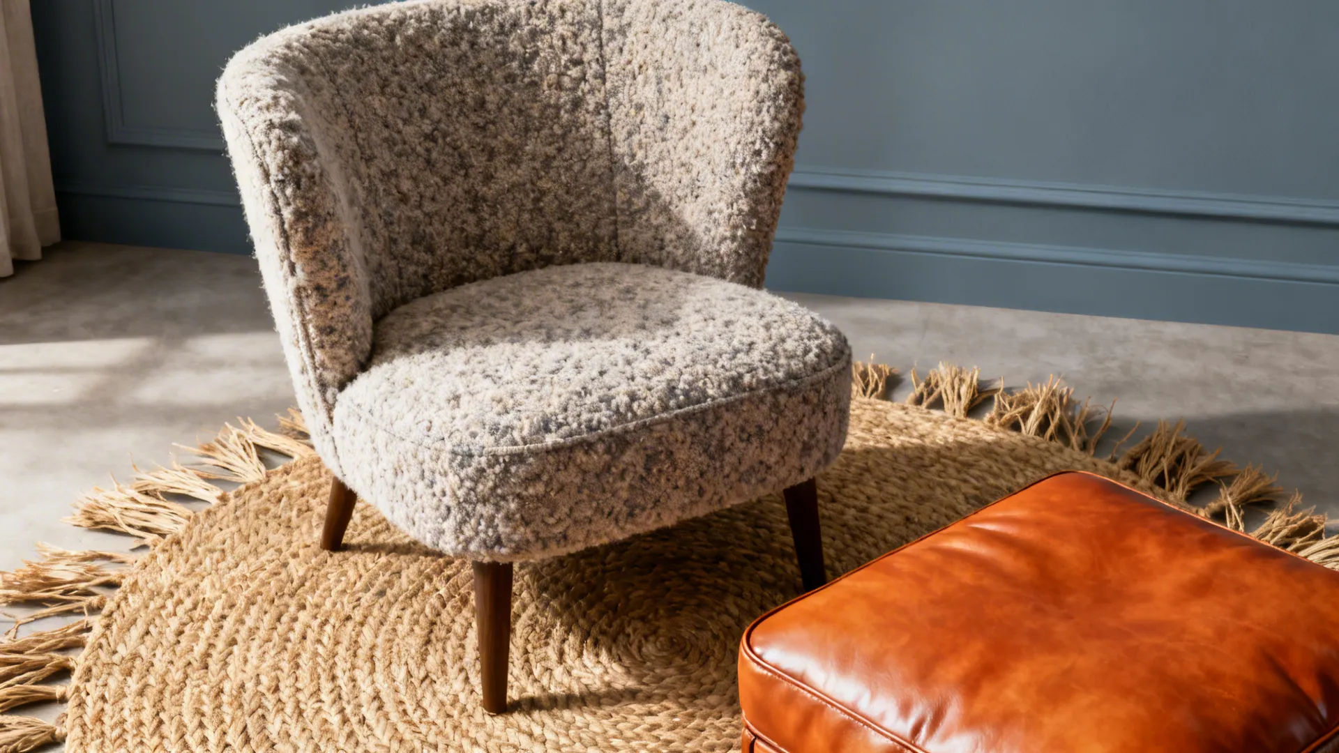 Boucle armchair, woven jute rug and tan leather ottoman against a grey-blue wall