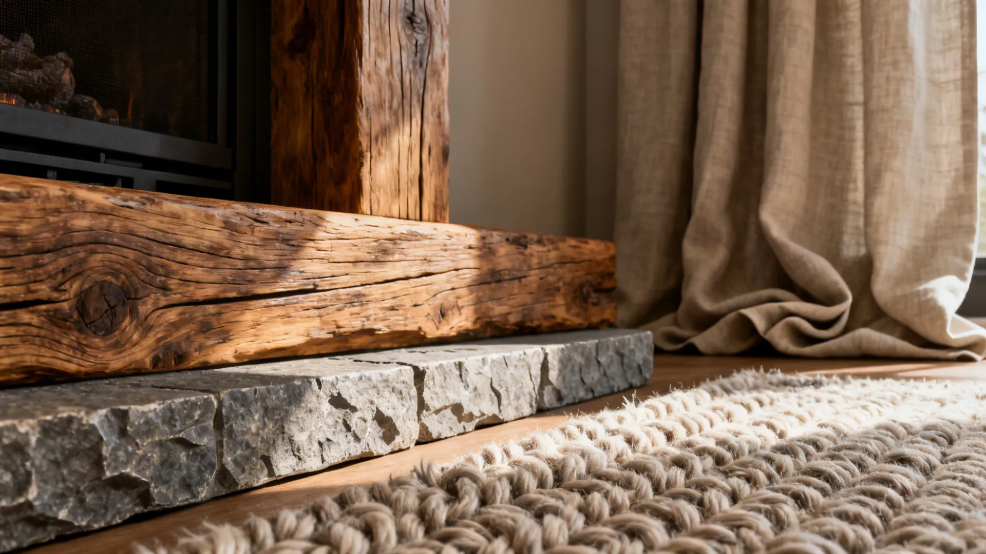 Macro view of raw wood beam, stone-look surface and wool rug layers in a modern-rustic living room
