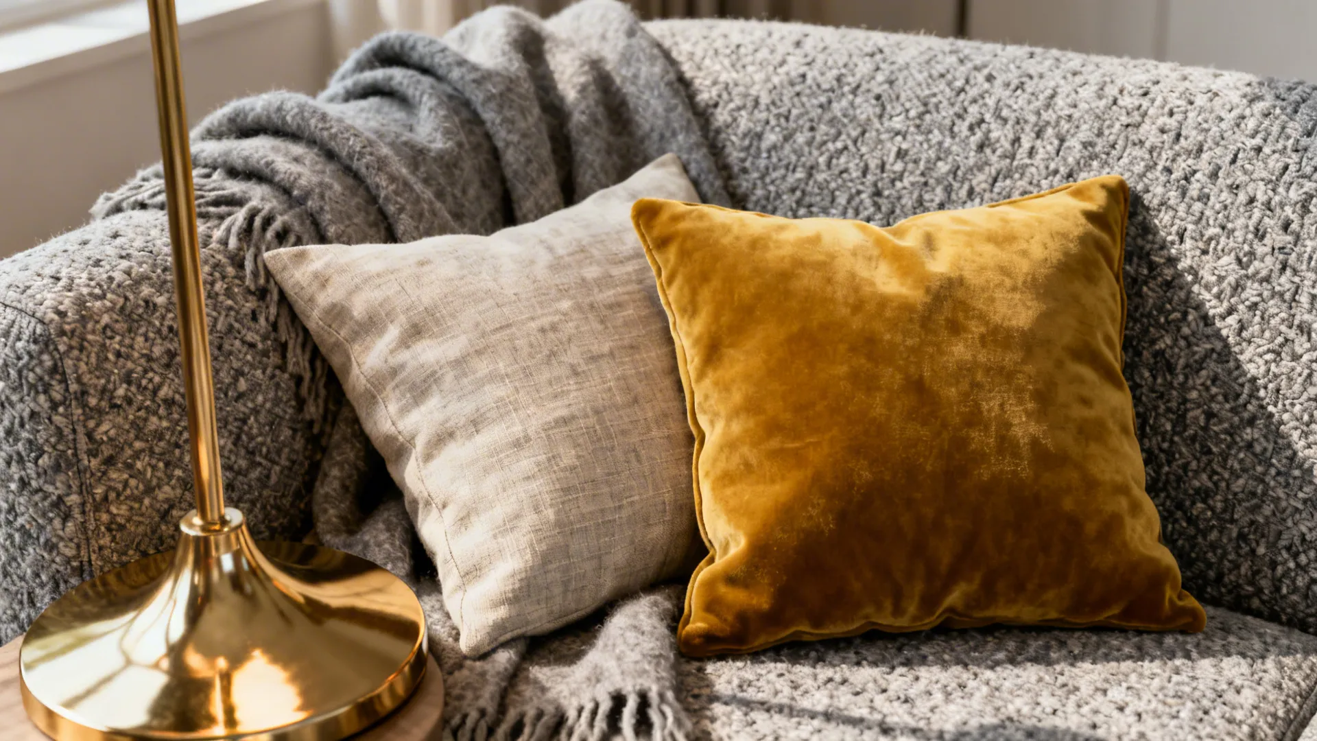 Close up of grey and yellow velvet pillows on a textured grey blanket with lamp
