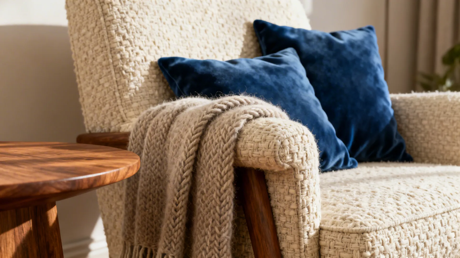 Close-up of cream boucle chair with velvet blue cushions and wool throw