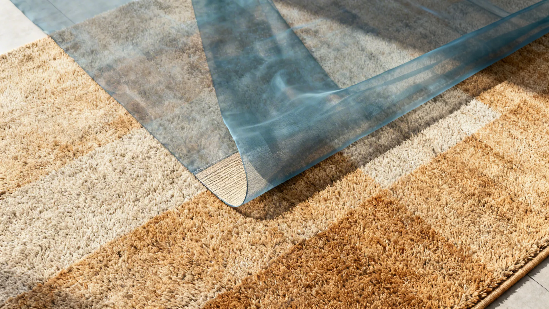 Overhead view of a wool rug with a sheer blue-grey runner layered on top, showing texture contrast.