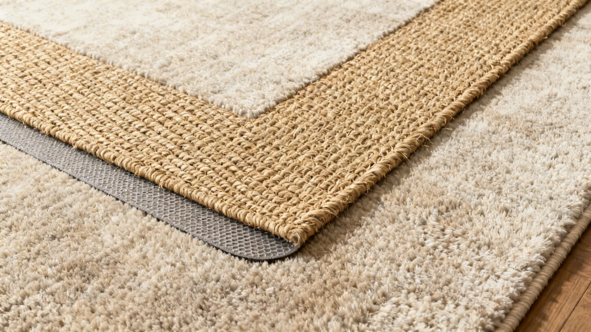 Top-down flatlay of a 12x14 wool rug layered with a jute runner showing textures and non-slip pad