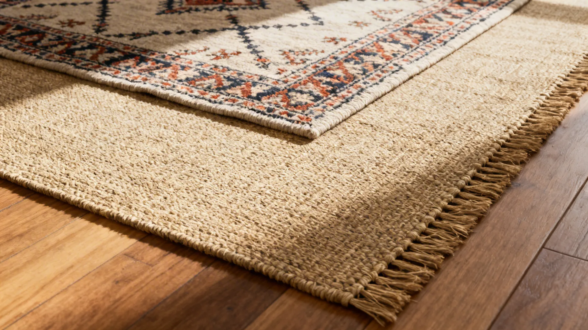 Close-up of layered rugs with different textures and patterns on a warm brown wooden floor