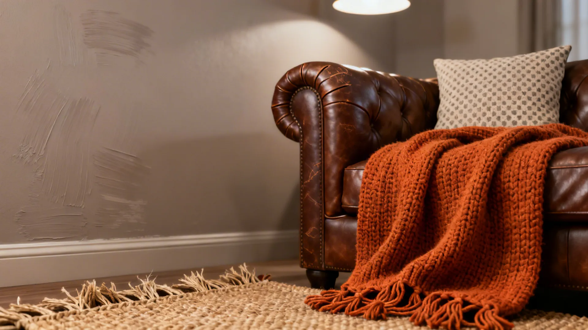 Close-up of taupe wall, chocolate sofa, burnt orange throw and jute rug textures