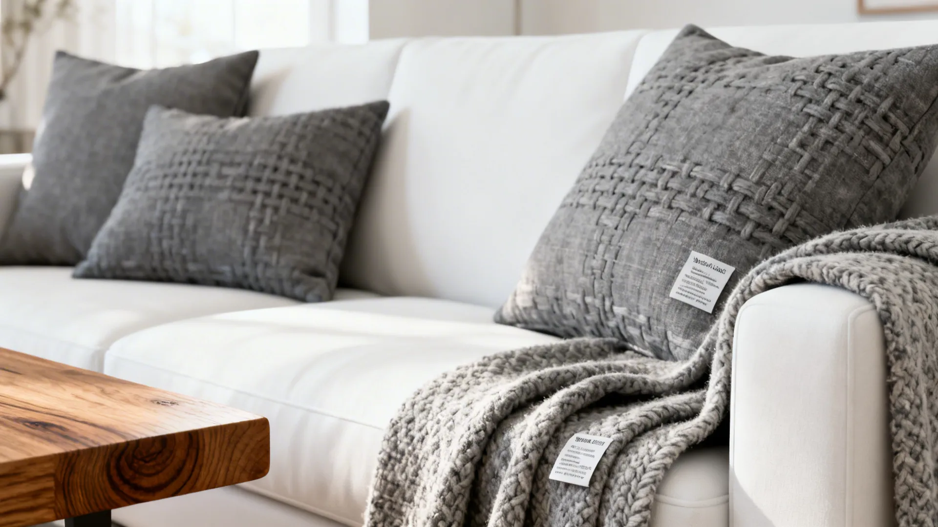 Macro view of grey cushions and textured throws on a white sofa with oak table edge