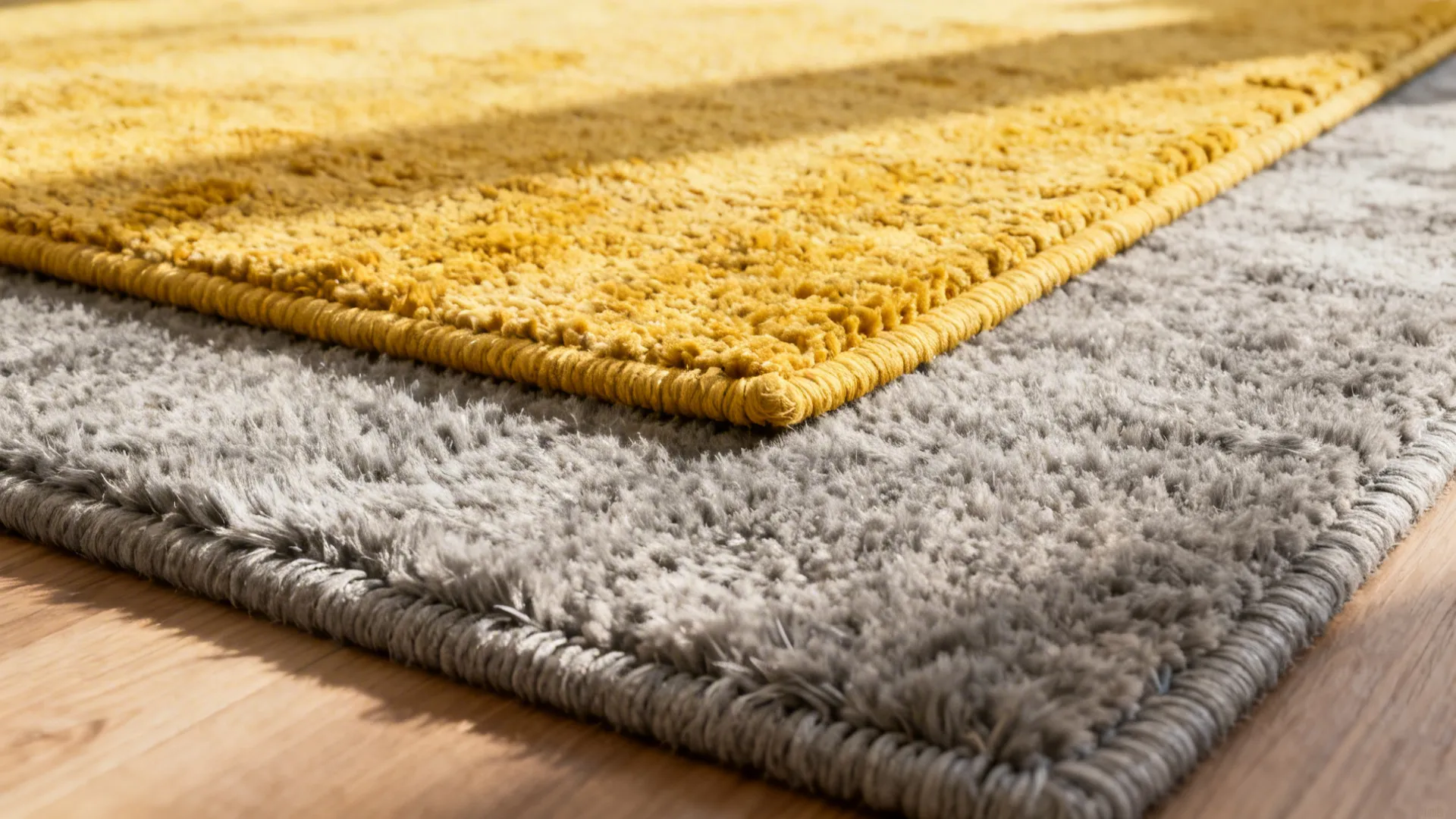 Layered rugs: gray wool base with a smaller textured yellow rug on top, detailed pile