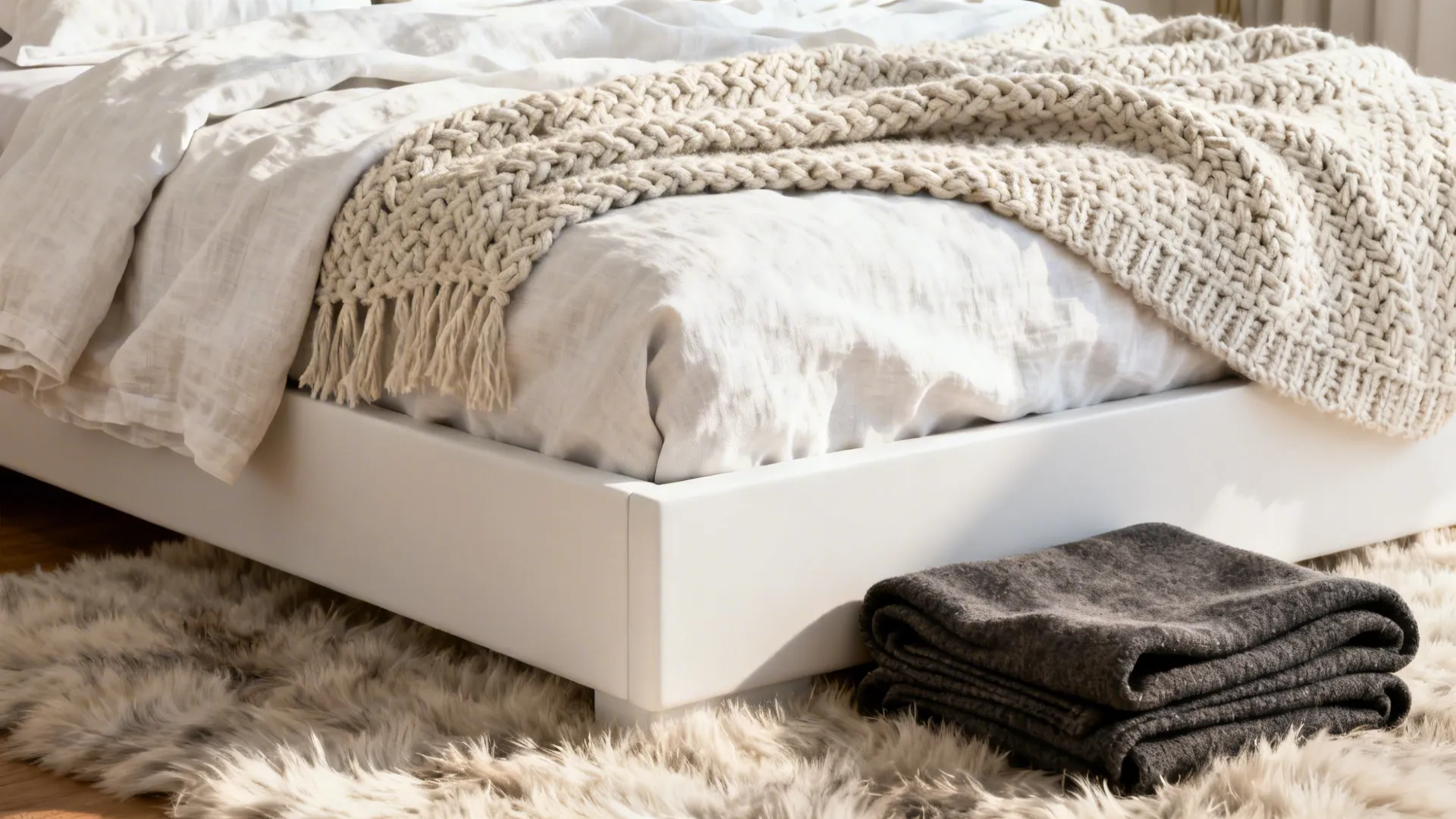 Close-up of layered white linens, knit throw and faux-sheepskin rug adding texture