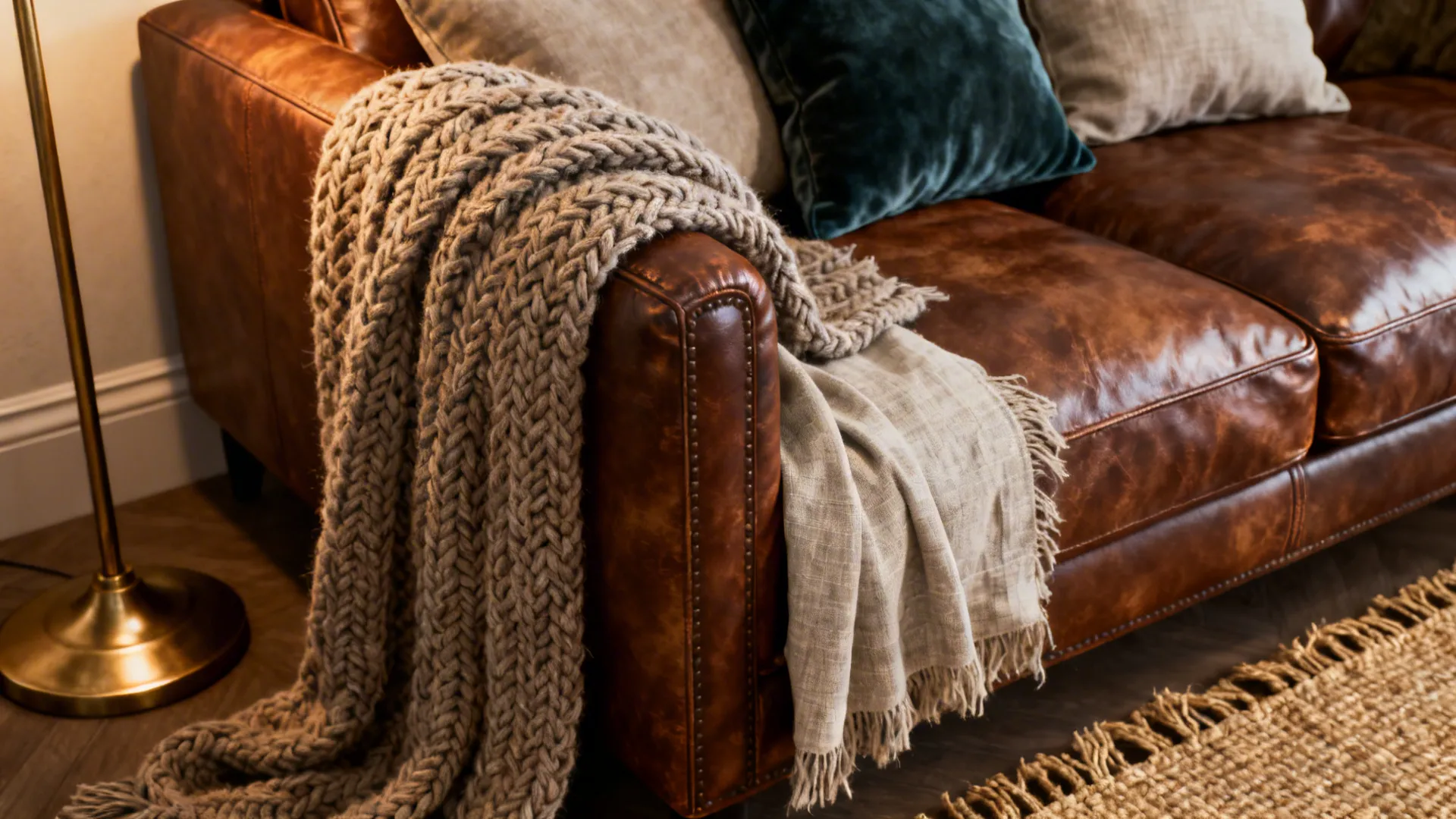 Close-up of knit throw, linen and velvet cushions beside a brown leather sofa.