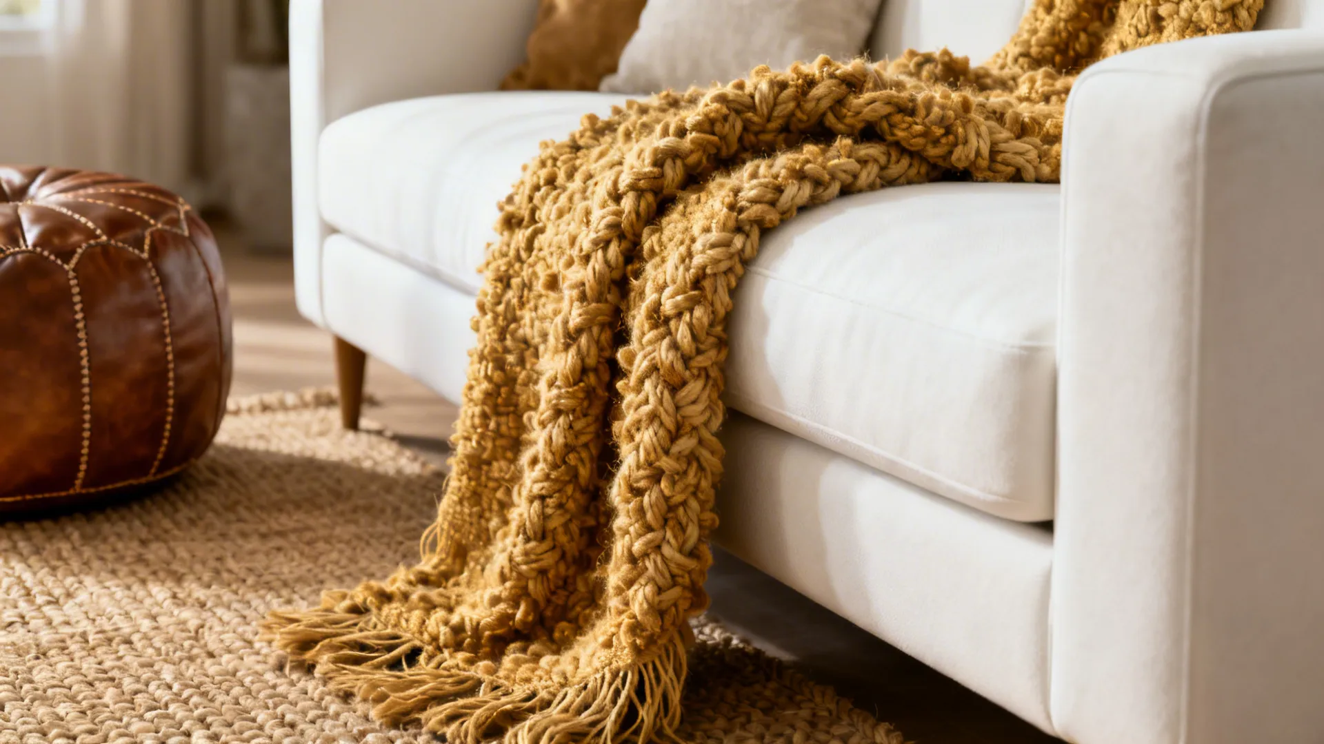 Close-up of boucle throw, jute rug and leather pouf beside a white sofa