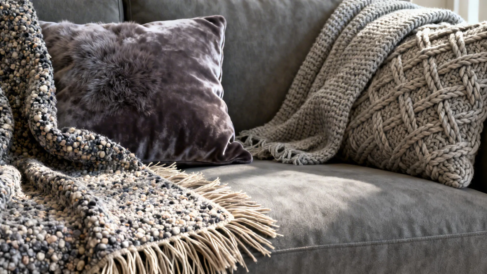 Close up of grey sofa with velvet pillow and knitted pillow plus soft textured woven blankets
