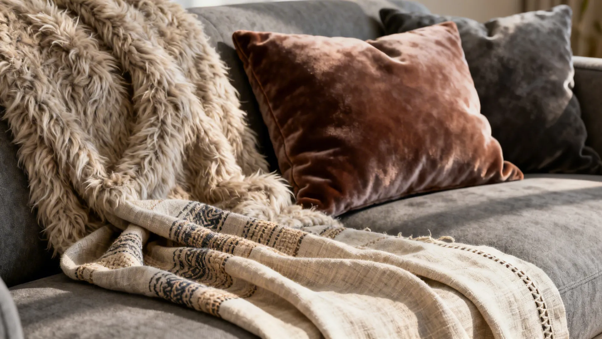 Close-up of wool throw, velvet cushions and linen drape layered on a grey couch