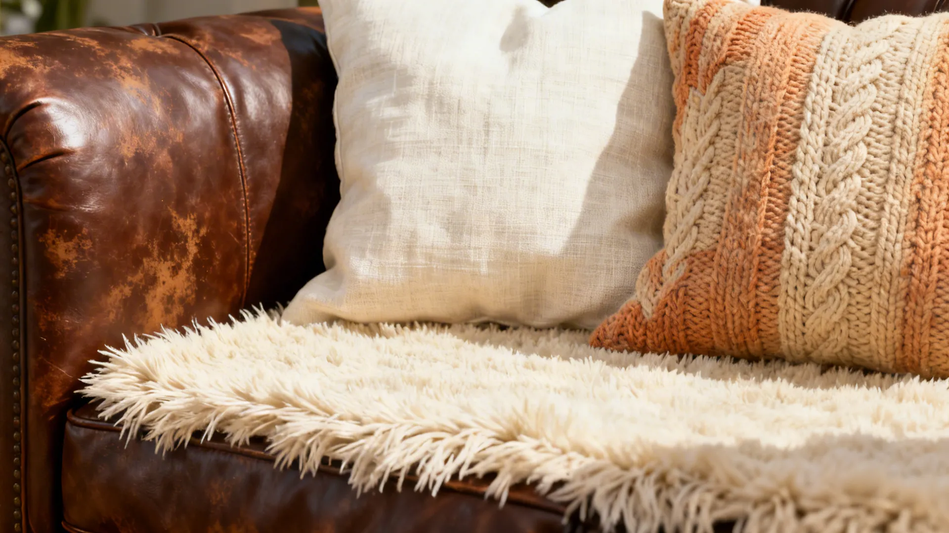 Close-up of brown leather sofa beside a cream plush rug with linen cushions.