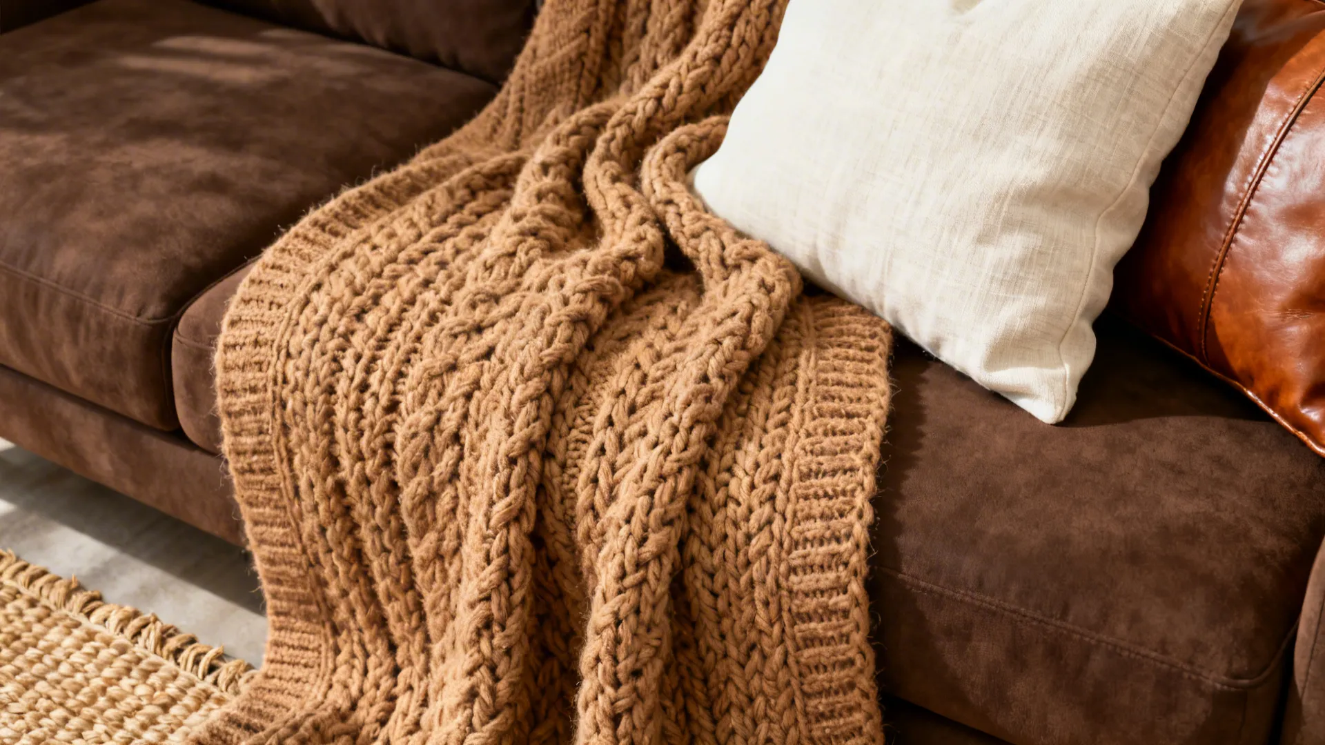 Close-up of chunky knit throw and pillows on a chocolate brown sofa showing layered warm neutrals