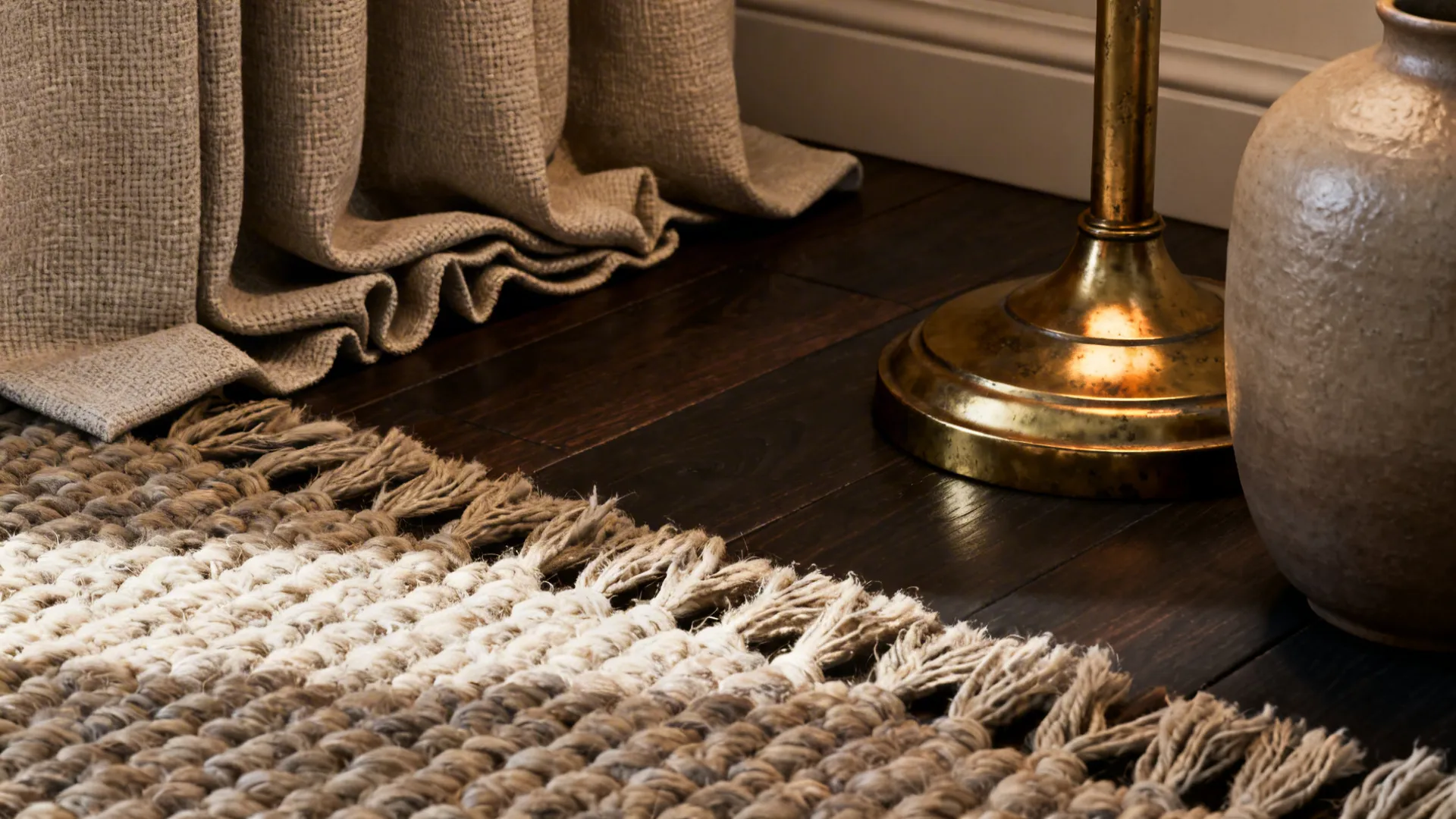 Close-up of chunky wool rug, linen and brass accent on dark hardwood floor.