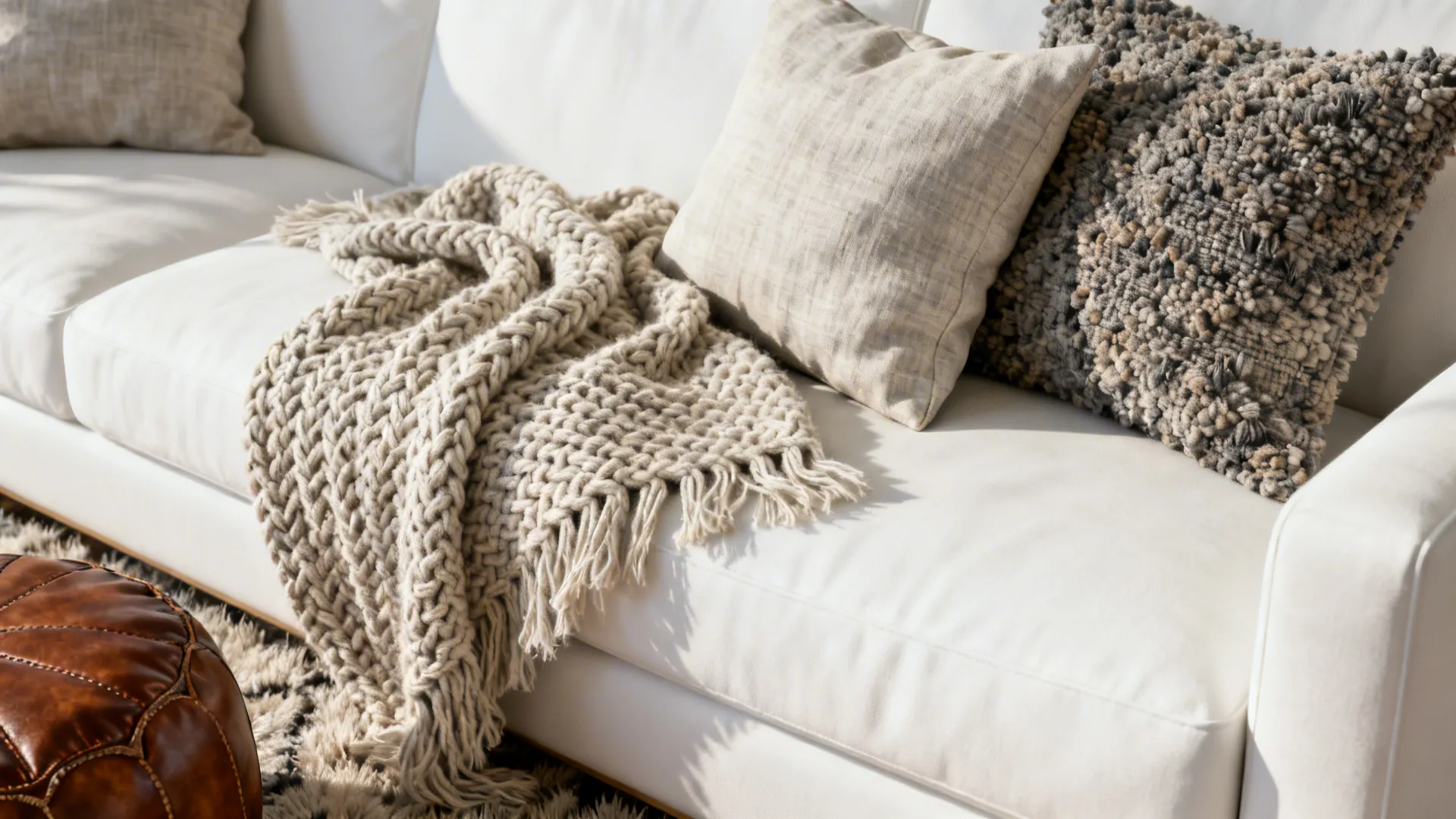 Close-up of layered throws and pillows on a white sofa showing varied textures