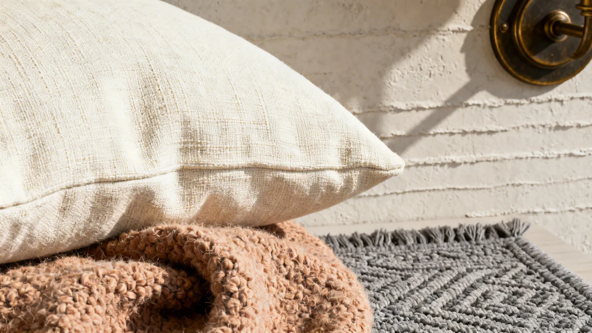 Close-up of cream linen, nubby wool throw, and textured plaster wall showing layered neutral textures