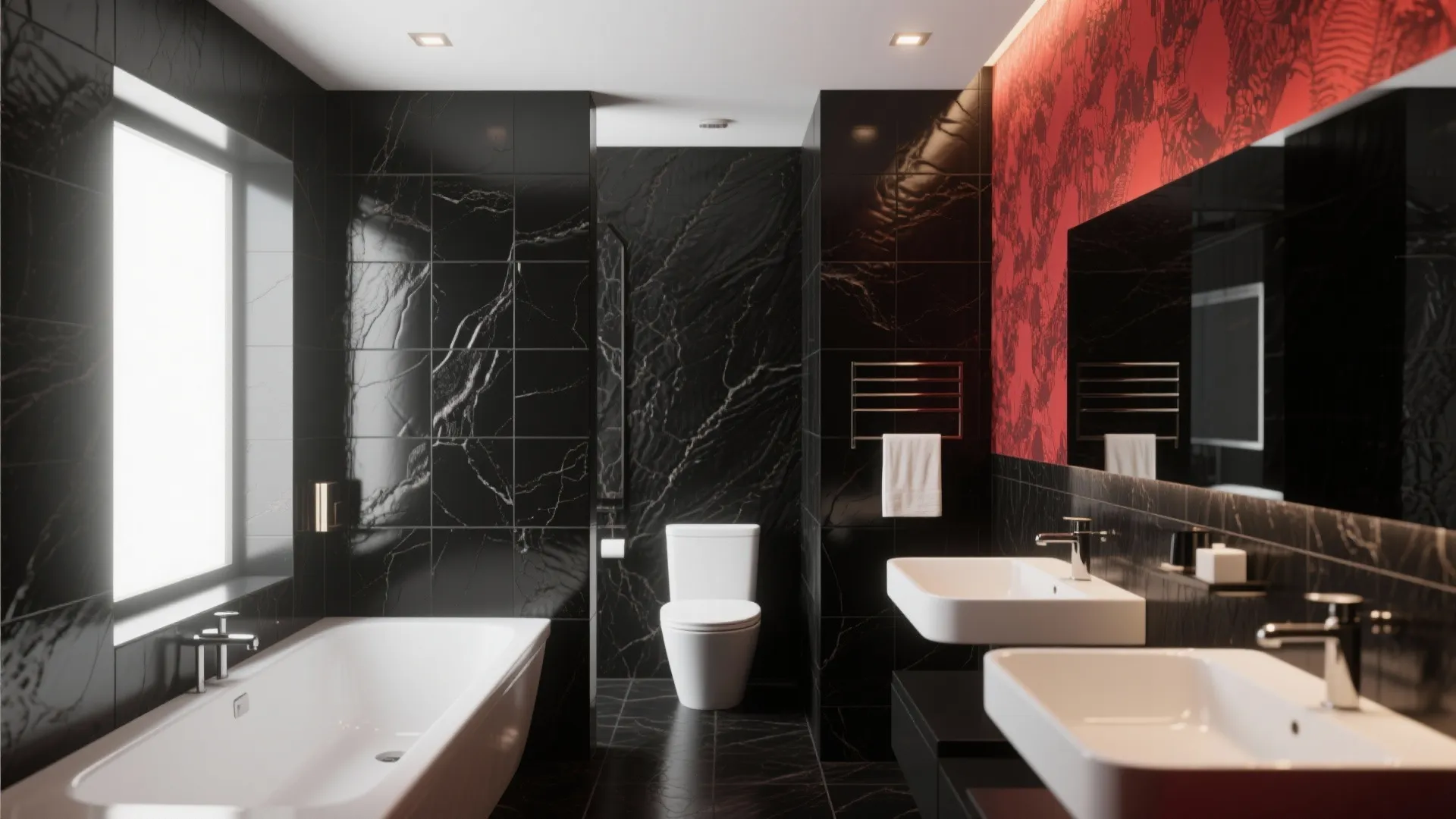 Modern bathroom featuring black marble wall tiles white bathtub toilet and double sinks with red wallpaper
