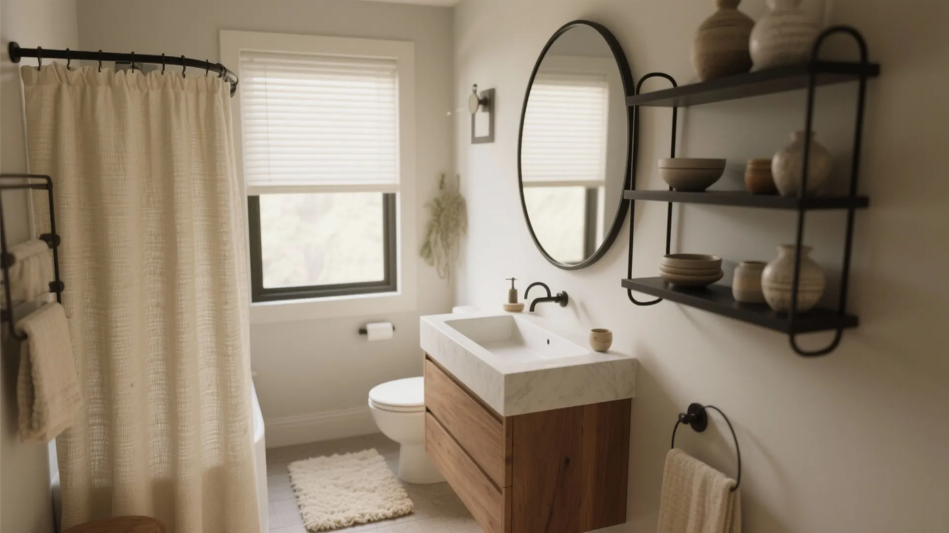 Neutral bathroom with wooden cabinet marble sink round mirror black wall shelves and beige shower curtain