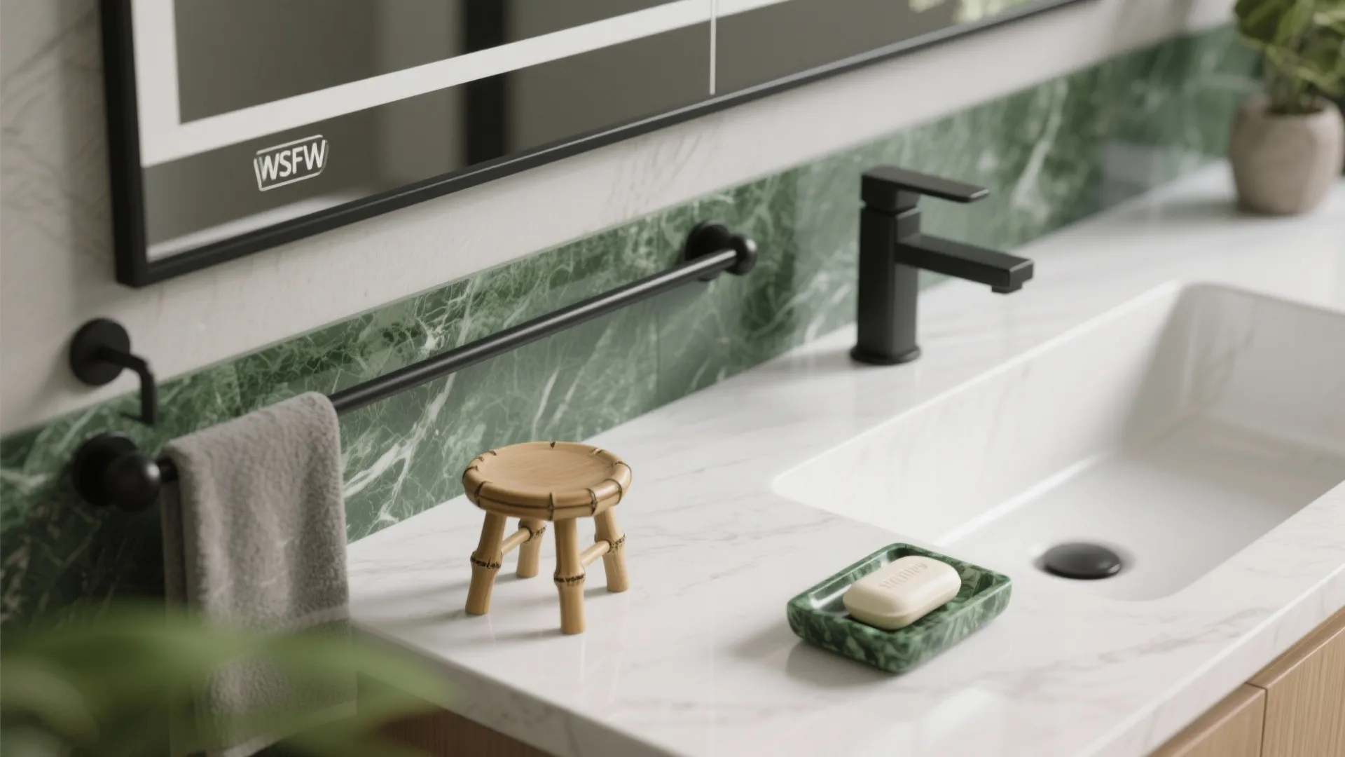 4. Layered textures: matte black, glossy white, and natural green