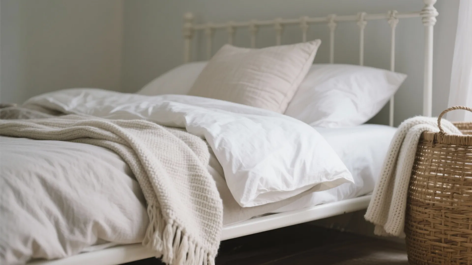 Mixed textures on white metal bed with knitted throw and satin cushion