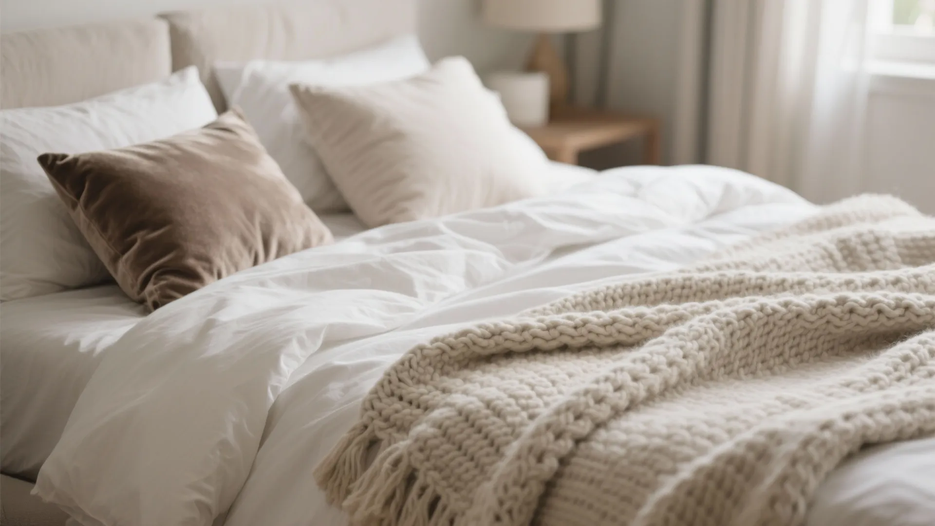 Close-up of layered bedding textures in neutral tones
