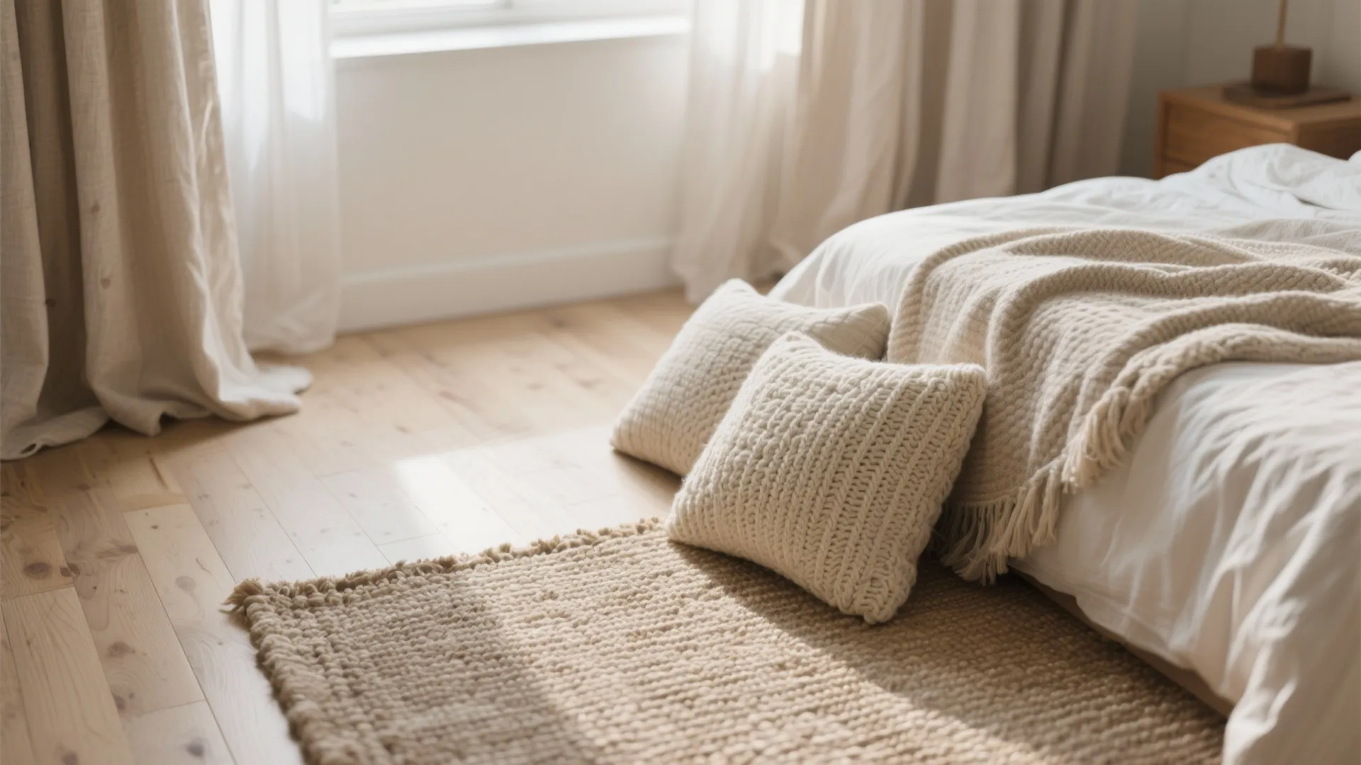 Layered textiles adding depth to a bedroom with light wood floors