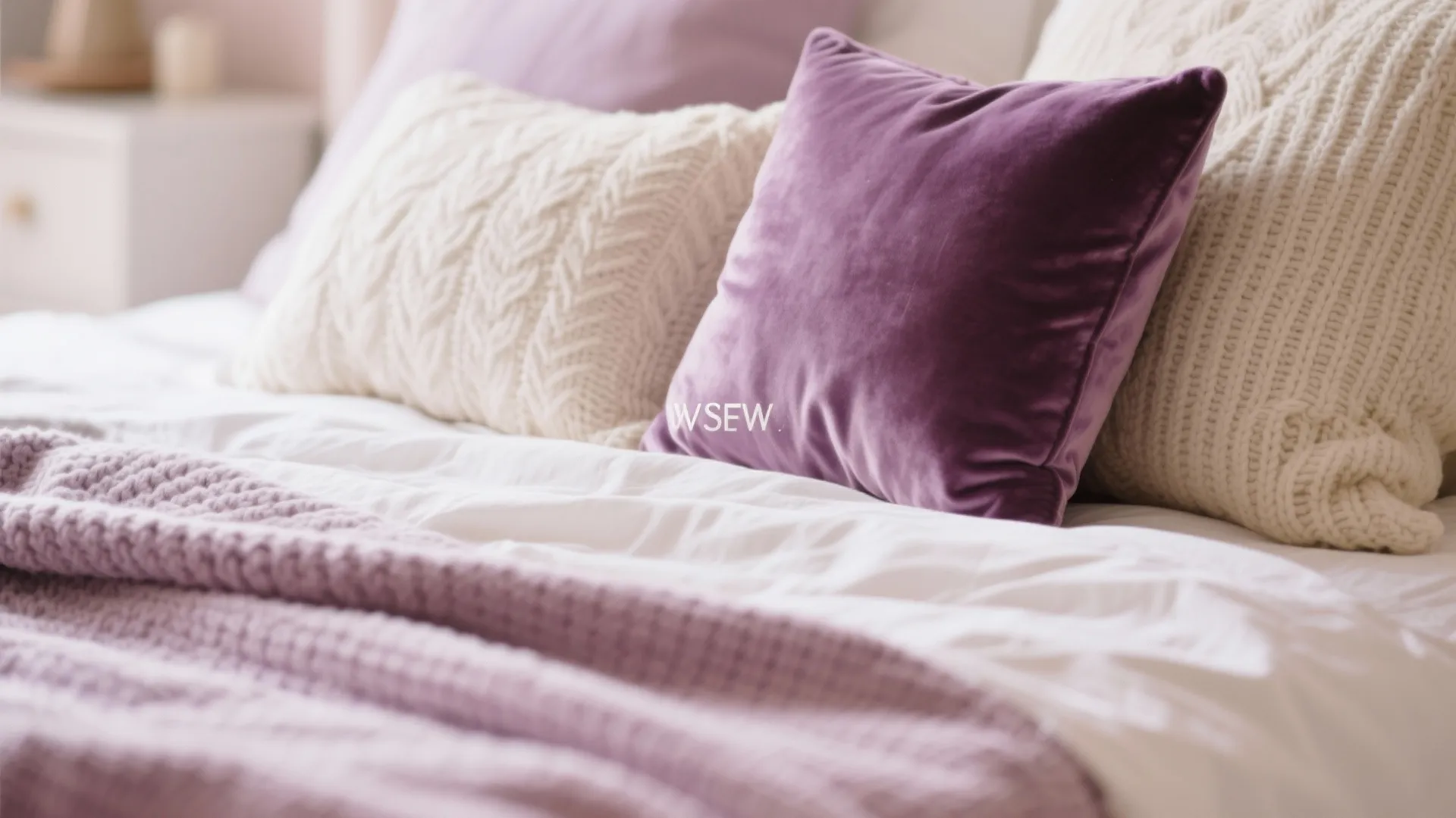 Close-up of white knitted pillows and purple velvet pillow on bed with purple throw blanket