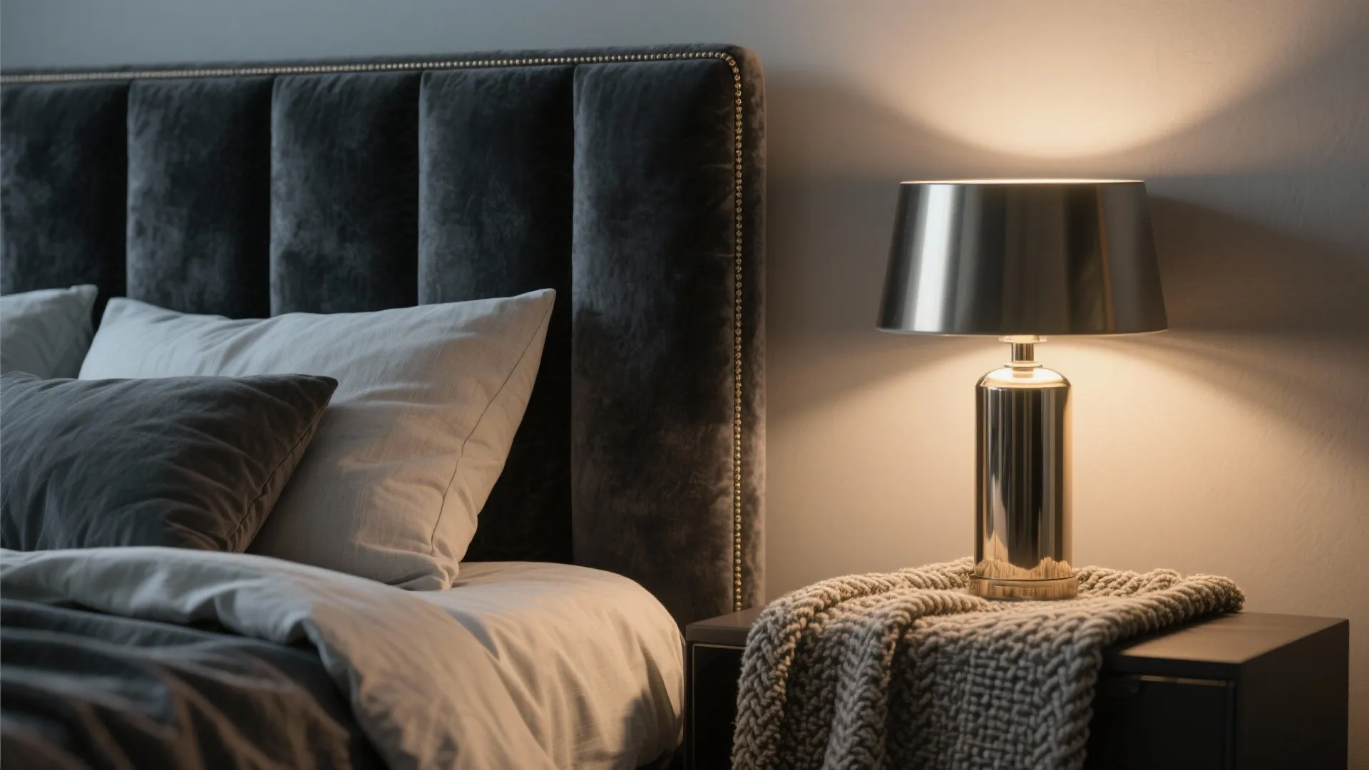 Close up of a velvet bed headboard with pillows and a warm metal table lamp