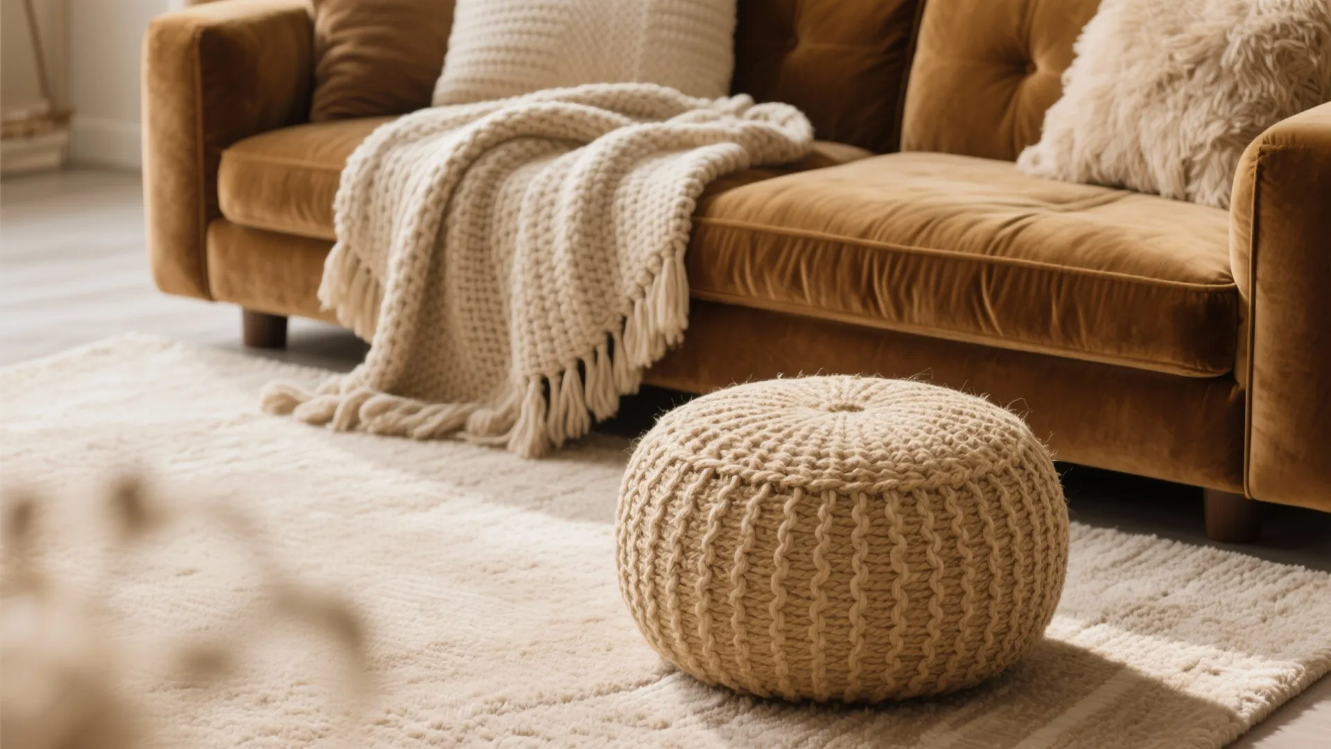 Cozy living room detail with brown velvet sofa cream knitted throw blanket and woven round footrest